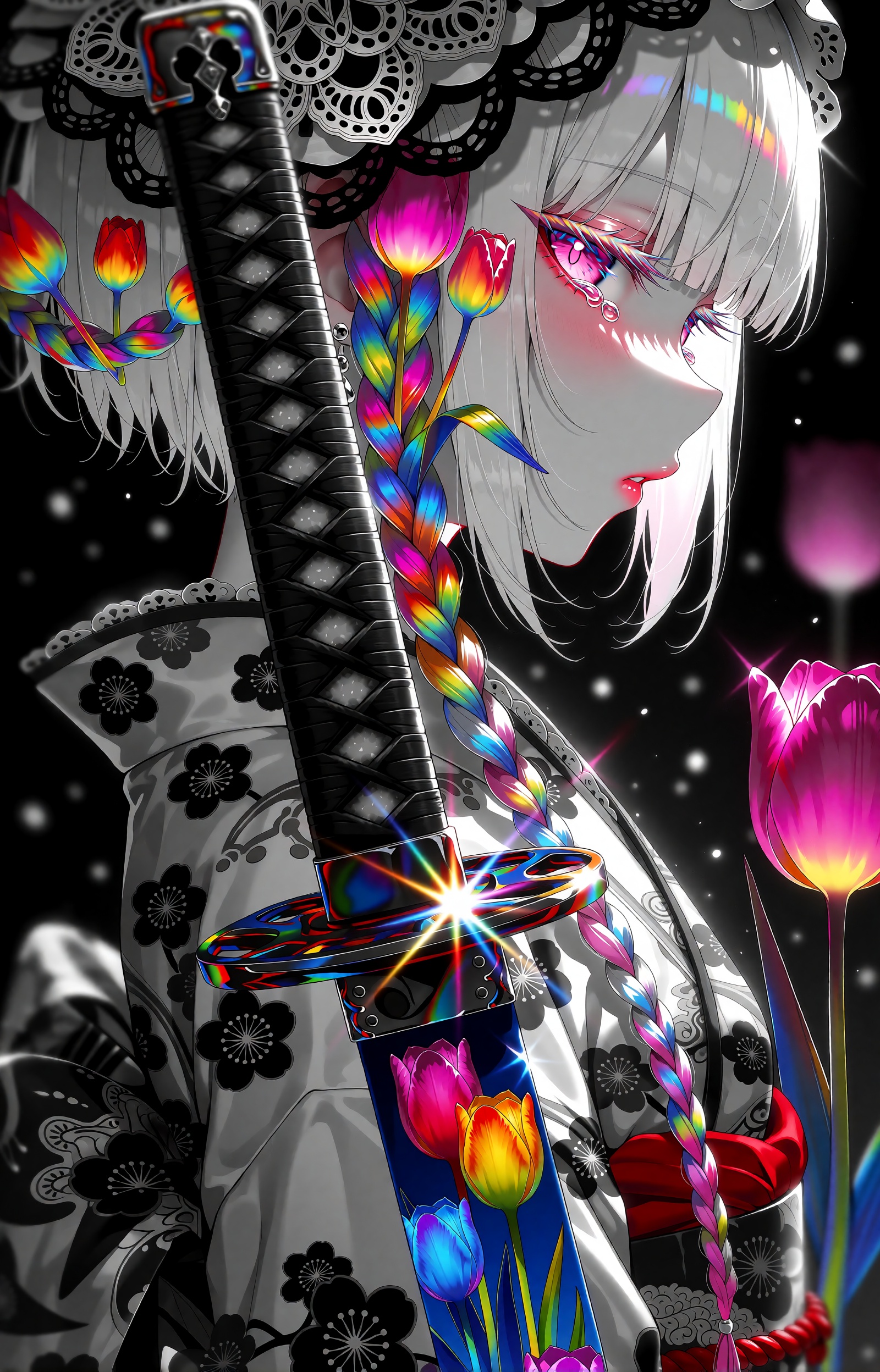 A melancholic anime girl is shown in close profile facing right,  her silver-white hair falling in soft strands with a sin...