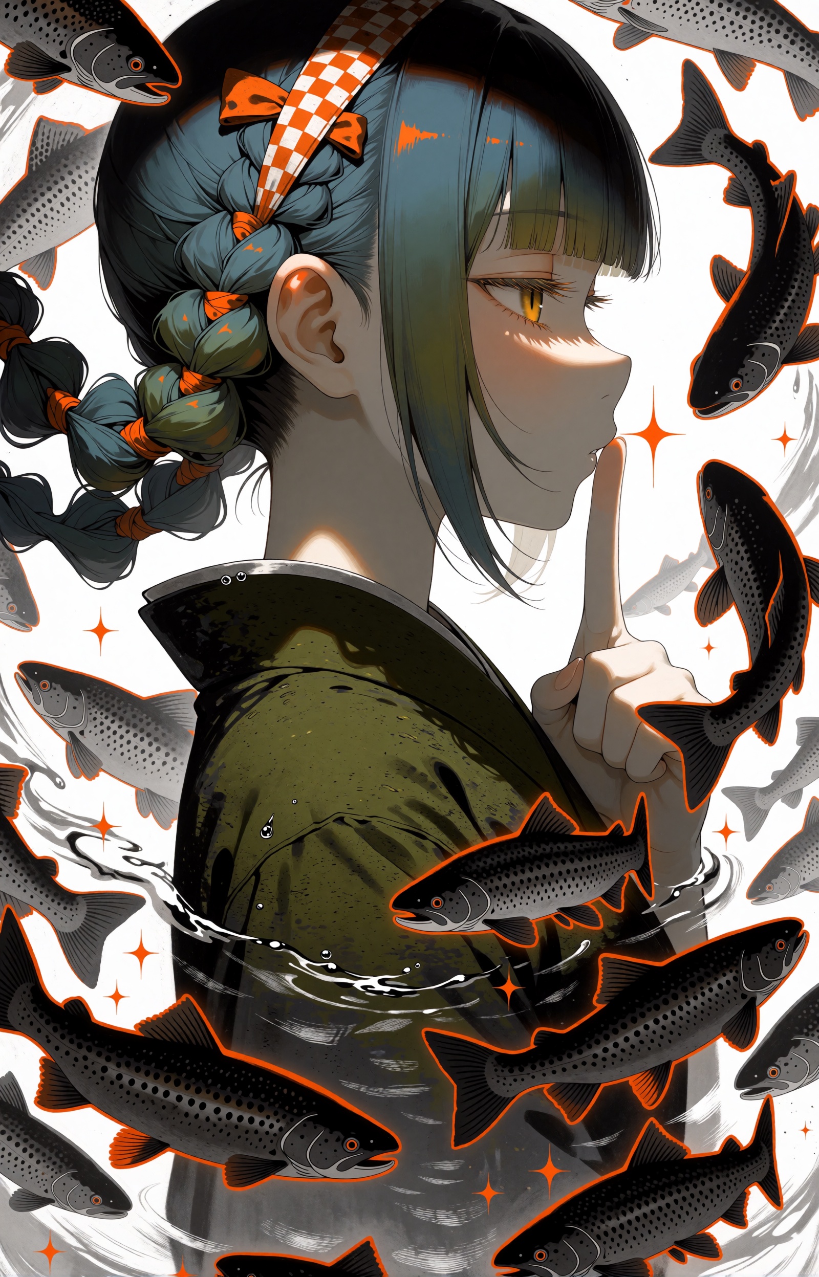 SUBJECT: A young woman appears in perfect profile,  her identity half-turned away from the viewer. Her teal-green hair is...