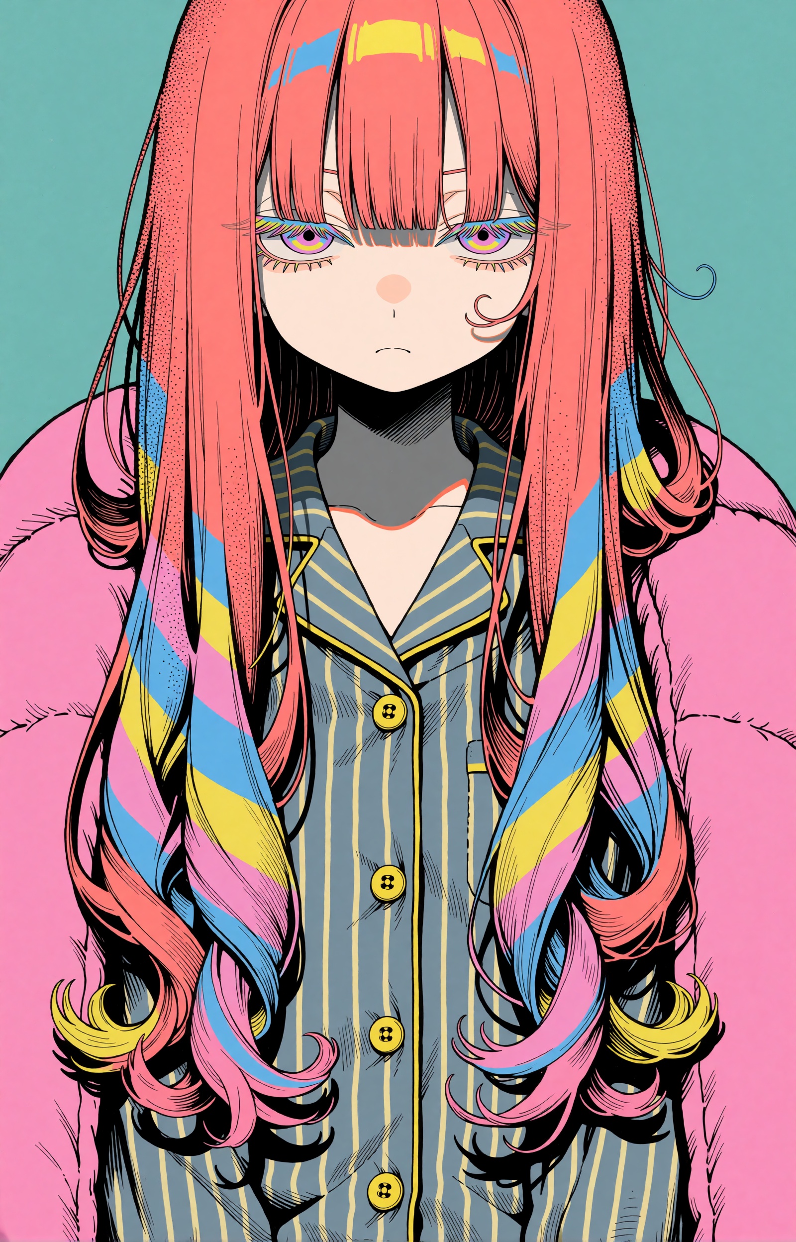 SUBJECT: A sleepy girl with very long coral-pink hair falling past her chest in heavy wavy curtains. Candy-stripe bands of...