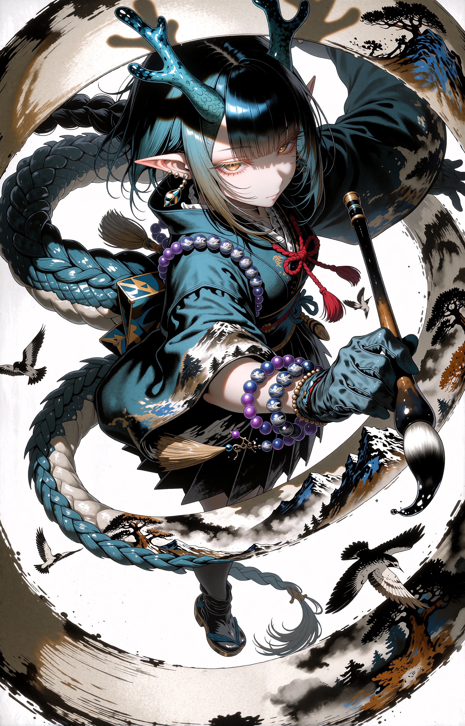 SUBJECT: A dragon-horned ink painter with pointed elf-like ears,  long black hair streaked with teal,  and calm amber eyes...