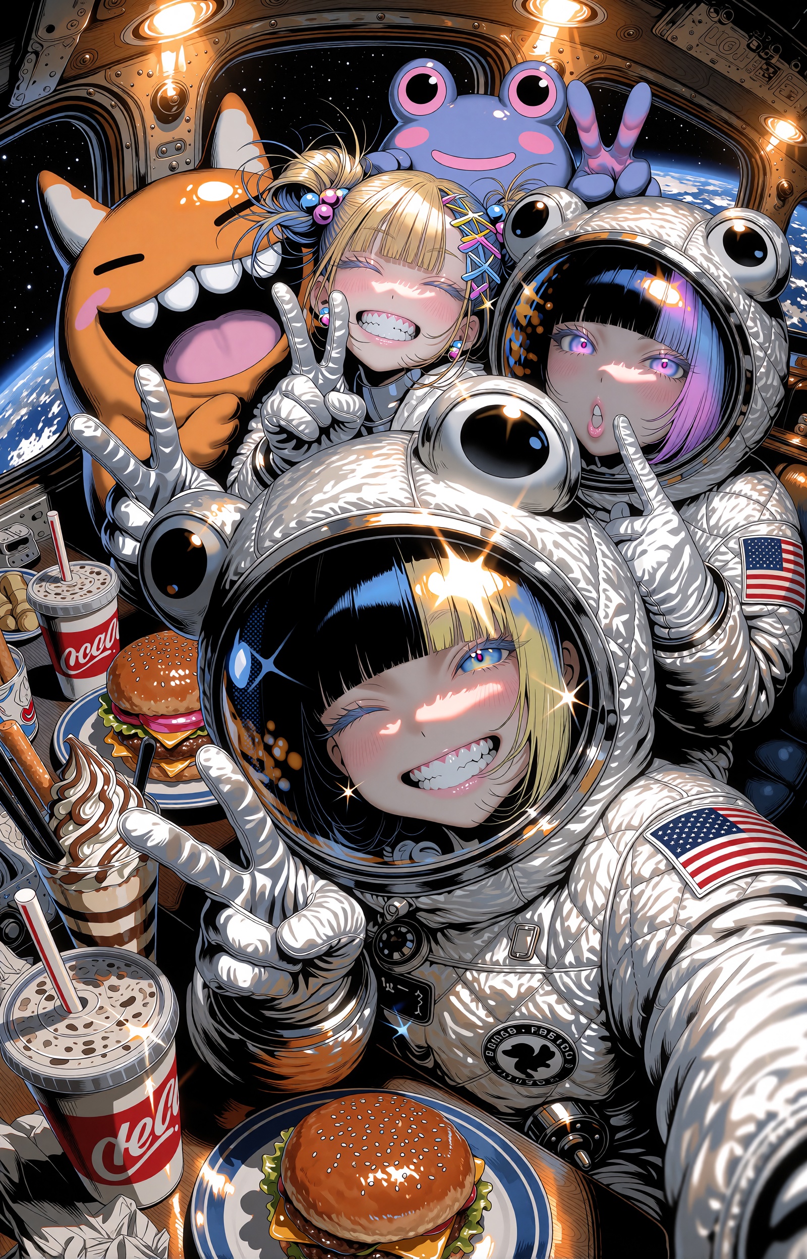 An exuberant wide-angle selfie taken at arm's length inside an orbital diner: three grinning anime girls in puffy silver-w...