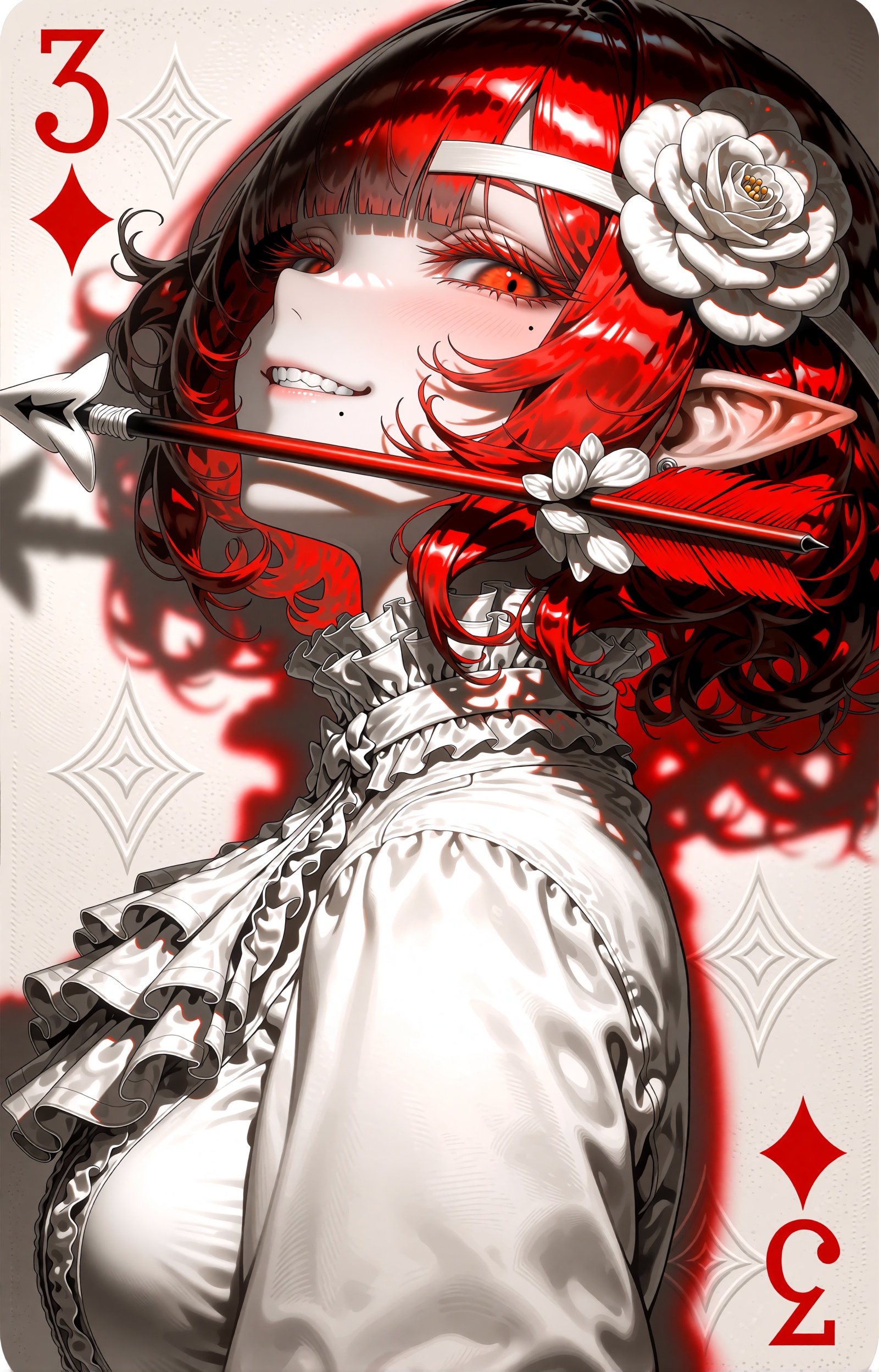 SUBJECT: An androgynous elf courtier who is the living spirit of the three of diamonds,  with long wavy crimson hair and p...