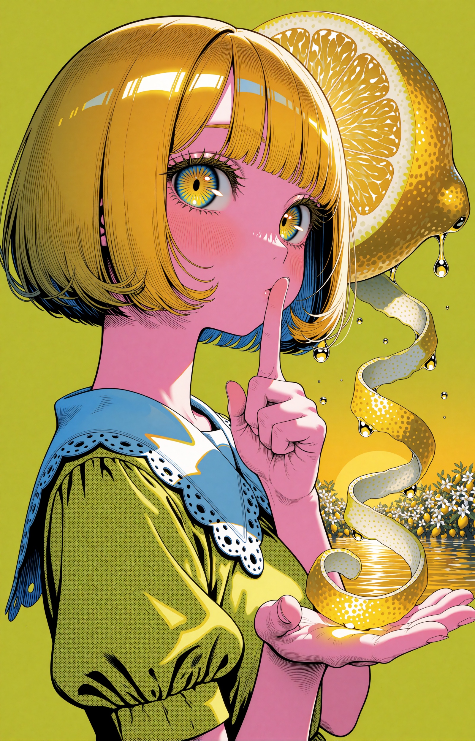 SUBJECT: A young citrus saint with rose-pink skin and a golden blonde bob whose ends curl inward like peeled rind. Her wid...