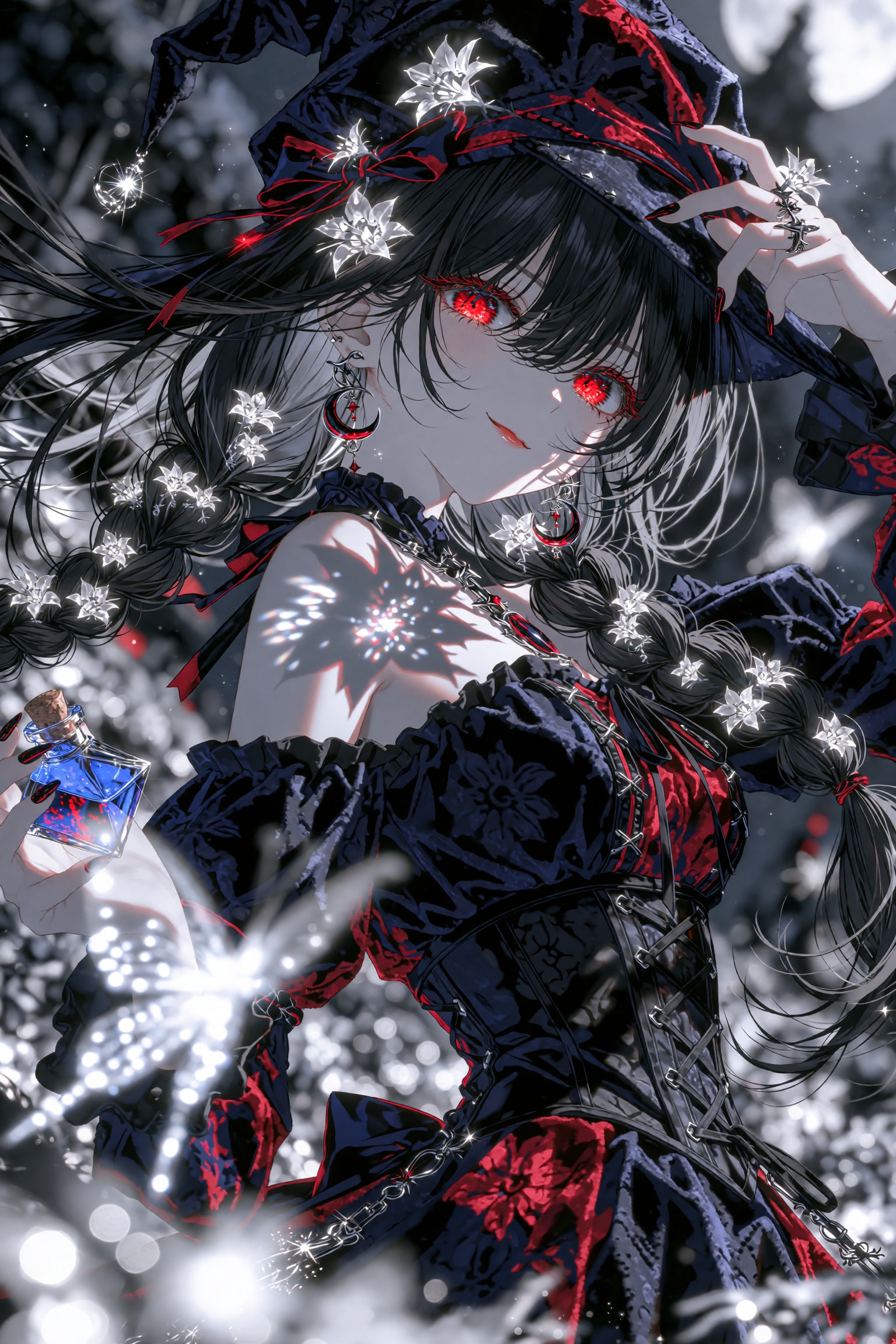 A mysterious dark-fantasy anime-style girl with long,  flowing raven-black hair styled in loose braids adorned with tiny g...