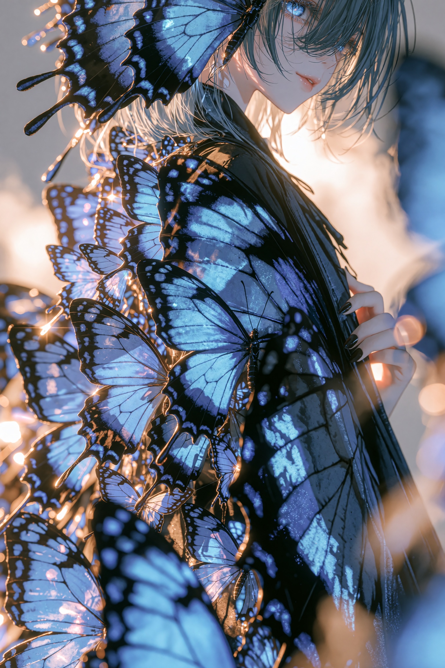 A medium shot of a figure draped in a flowing cloak made entirely of thousands of shimmering,  iridescent vibrant blue but...