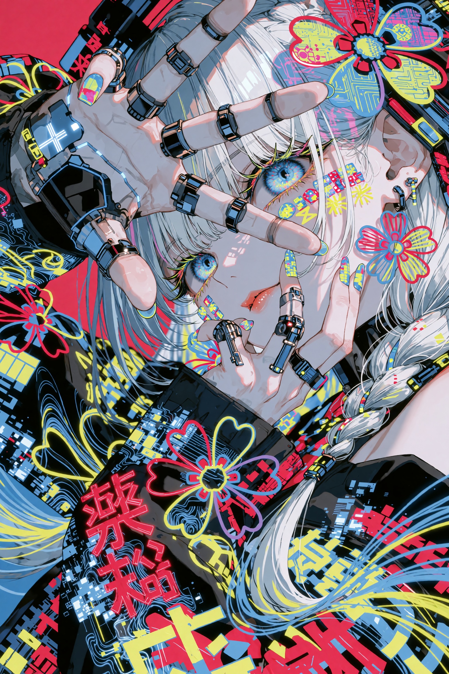 An extreme dynamic close-up anime portrait shot from a low angle,  looking up at a fierce girl with sleek chrome-silver ha...