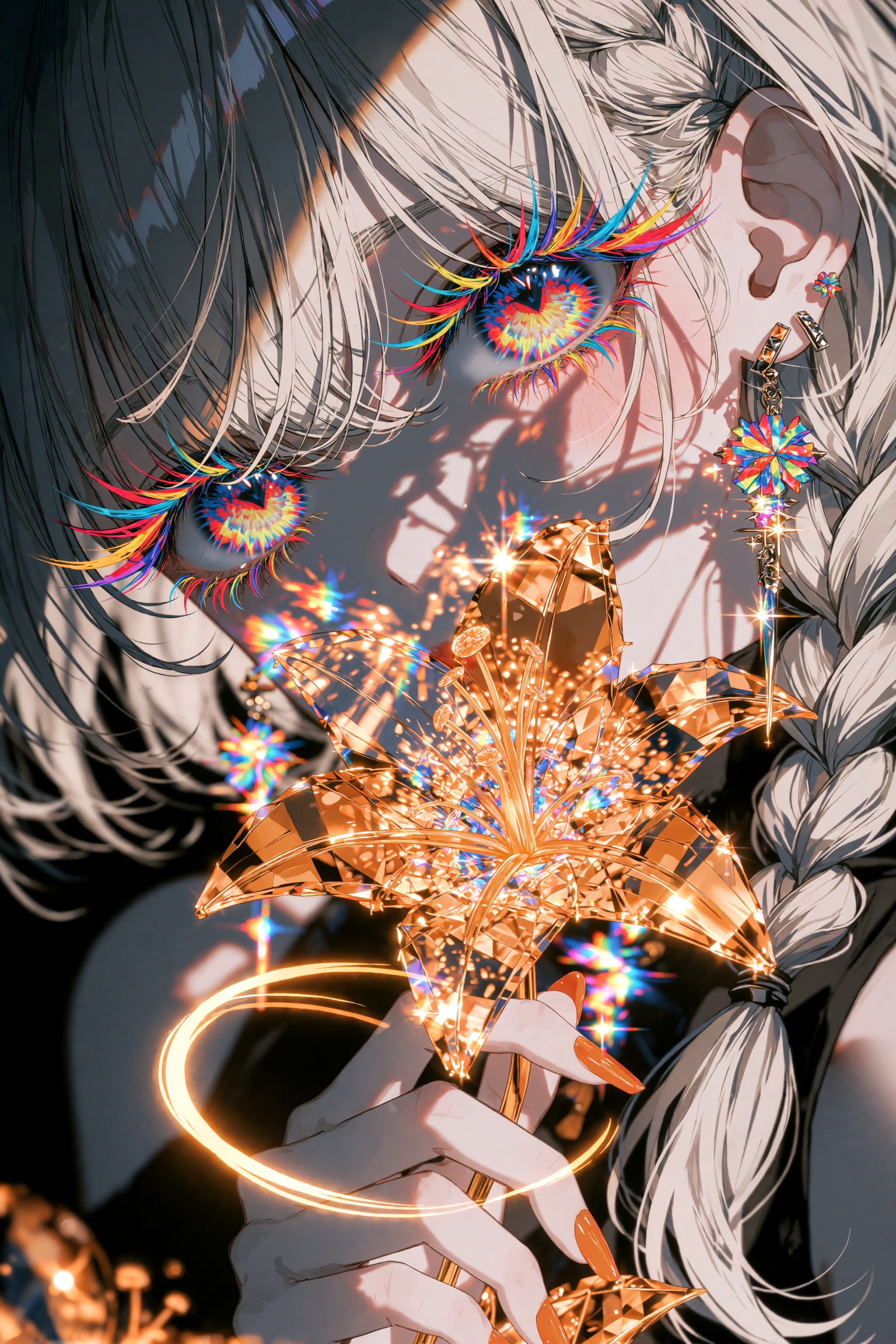An extreme close-up anime portrait of a mysterious girl with short silver-white hair and side braids,  her face cast in de...