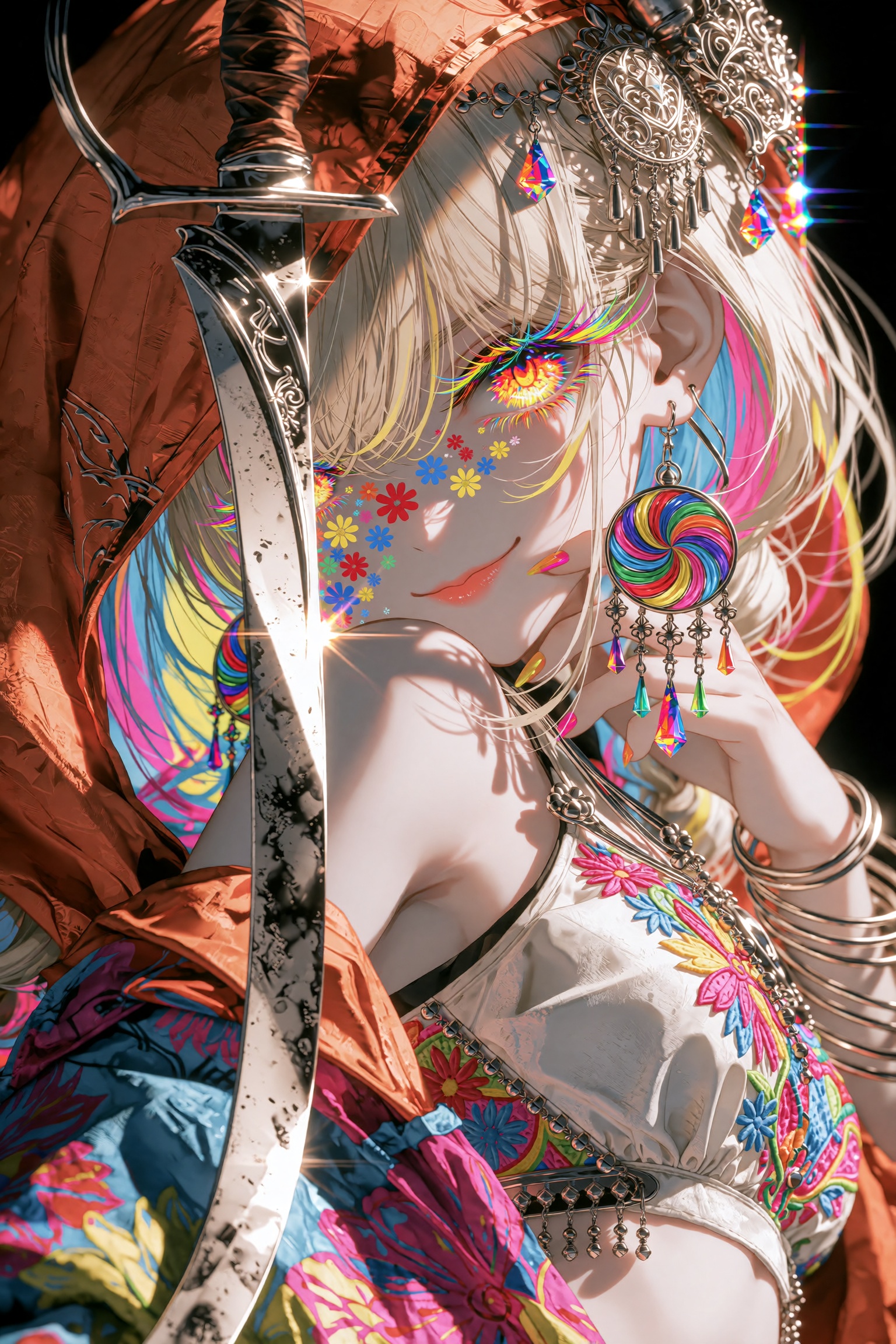 A mesmerizing close-up anime portrait of a mysterious desert warrior girl with a subtle,  knowing smile and a dangerous gl...