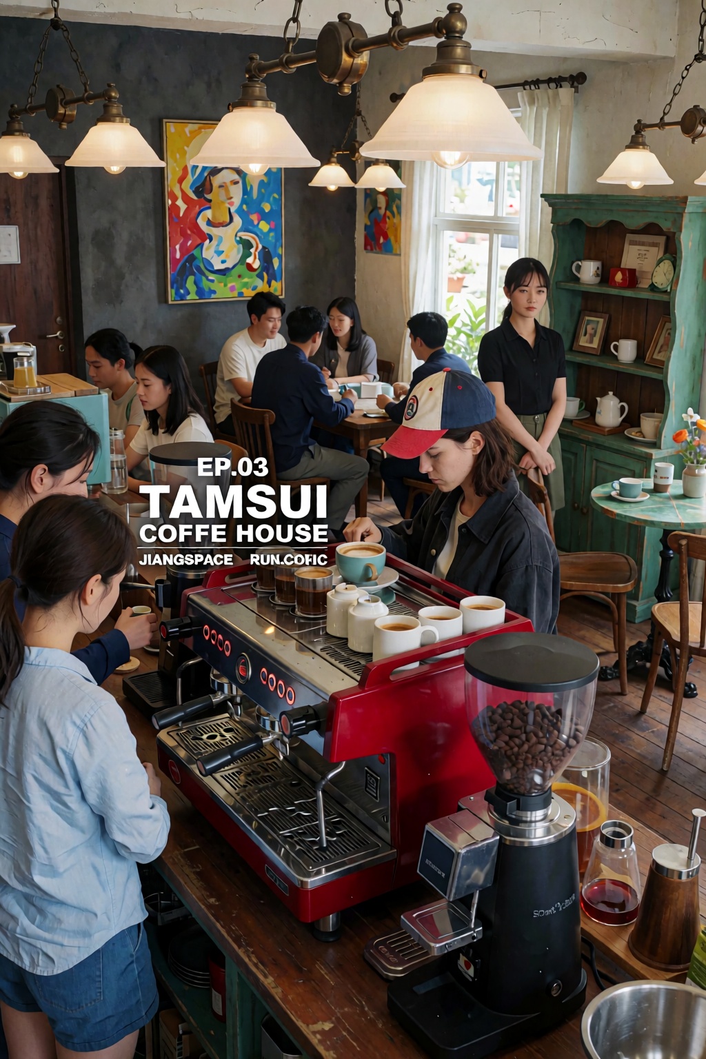 This photograph depicts a bustling indoor scene within a coffee house,  possessing a crisp and slightly saturated aestheti...