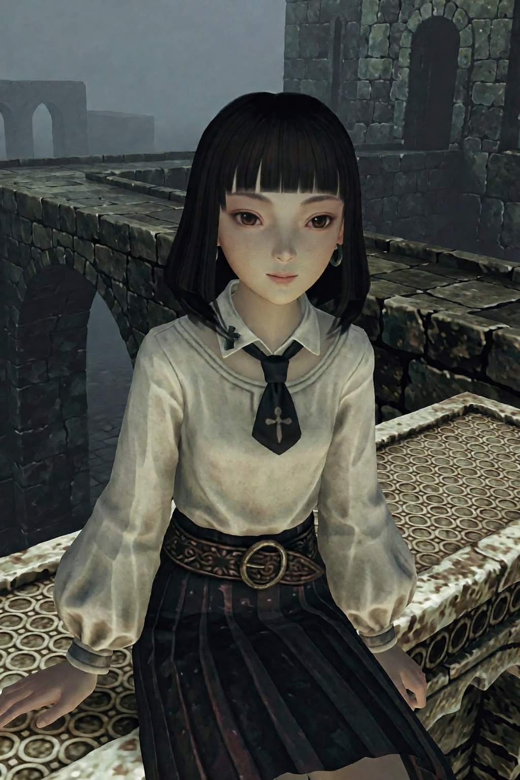 This image appears to be a digital render from a video game scene featuring a CGI character. The character is a young fema...