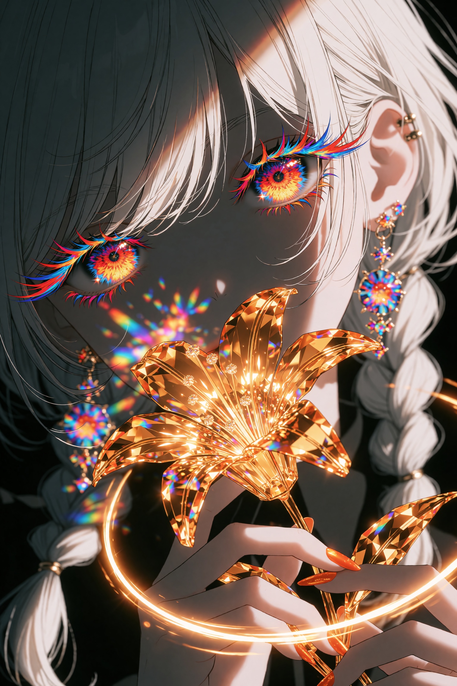 An extreme close-up anime portrait of a mysterious girl with short silver-white hair and side braids,  her face cast in de...