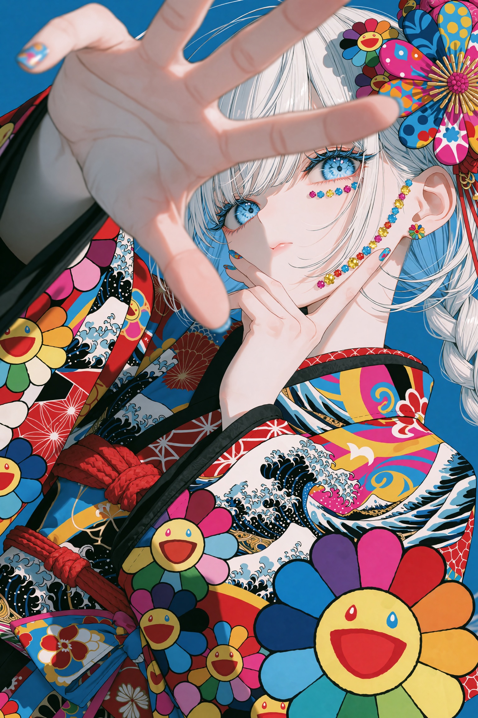 An extreme dynamic close-up anime portrait shot from a low angle,  looking up at a fierce silver-haired girl with straight...