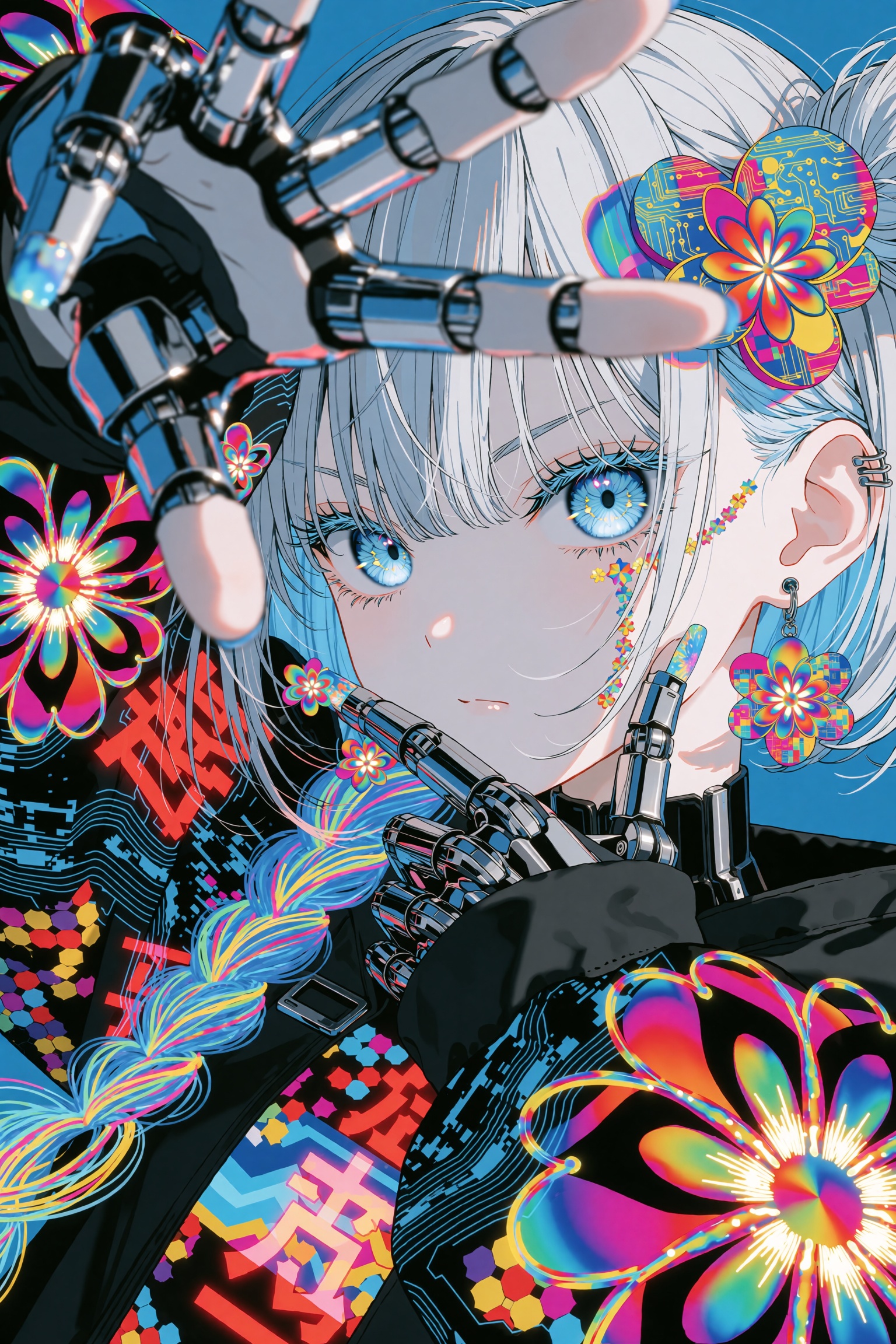 An extreme dynamic close-up anime portrait shot from a low angle,  looking up at a fierce girl with sleek chrome-silver ha...