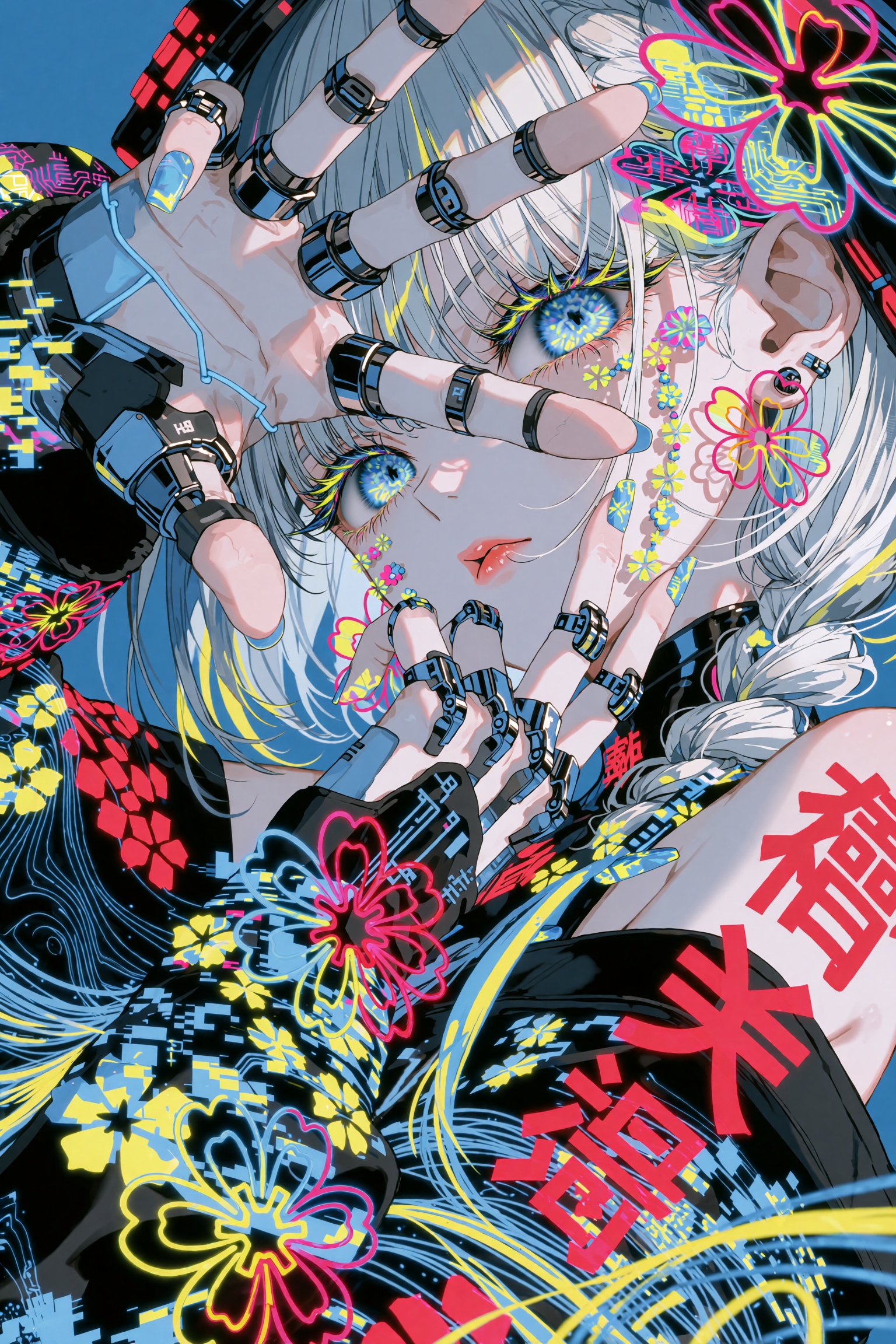 An extreme dynamic close-up anime portrait shot from a low angle,  looking up at a fierce girl with sleek chrome-silver ha...
