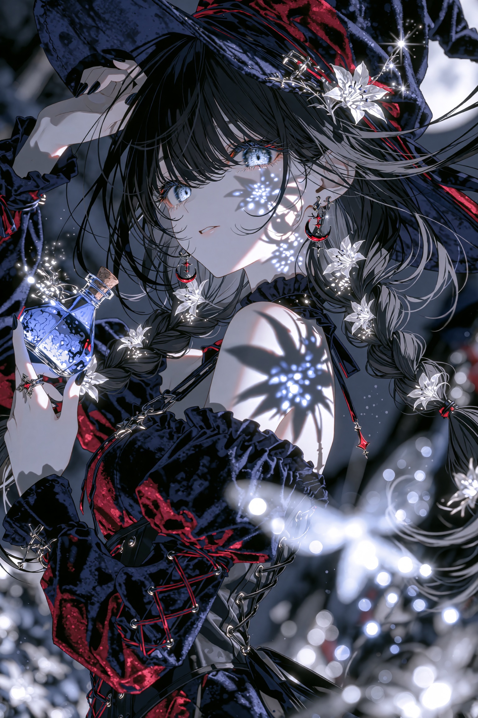 A mysterious dark-fantasy anime-style girl with long,  flowing raven-black hair styled in loose braids adorned with tiny g...