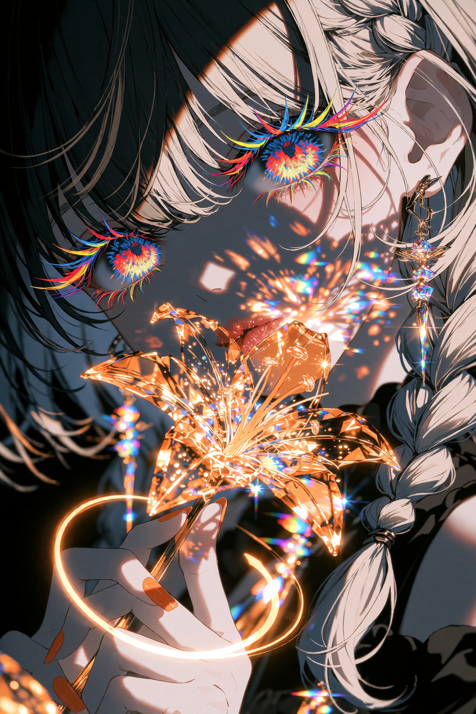 An extreme close-up anime portrait of a mysterious girl with short silver-white hair and side braids,  her face cast in de...