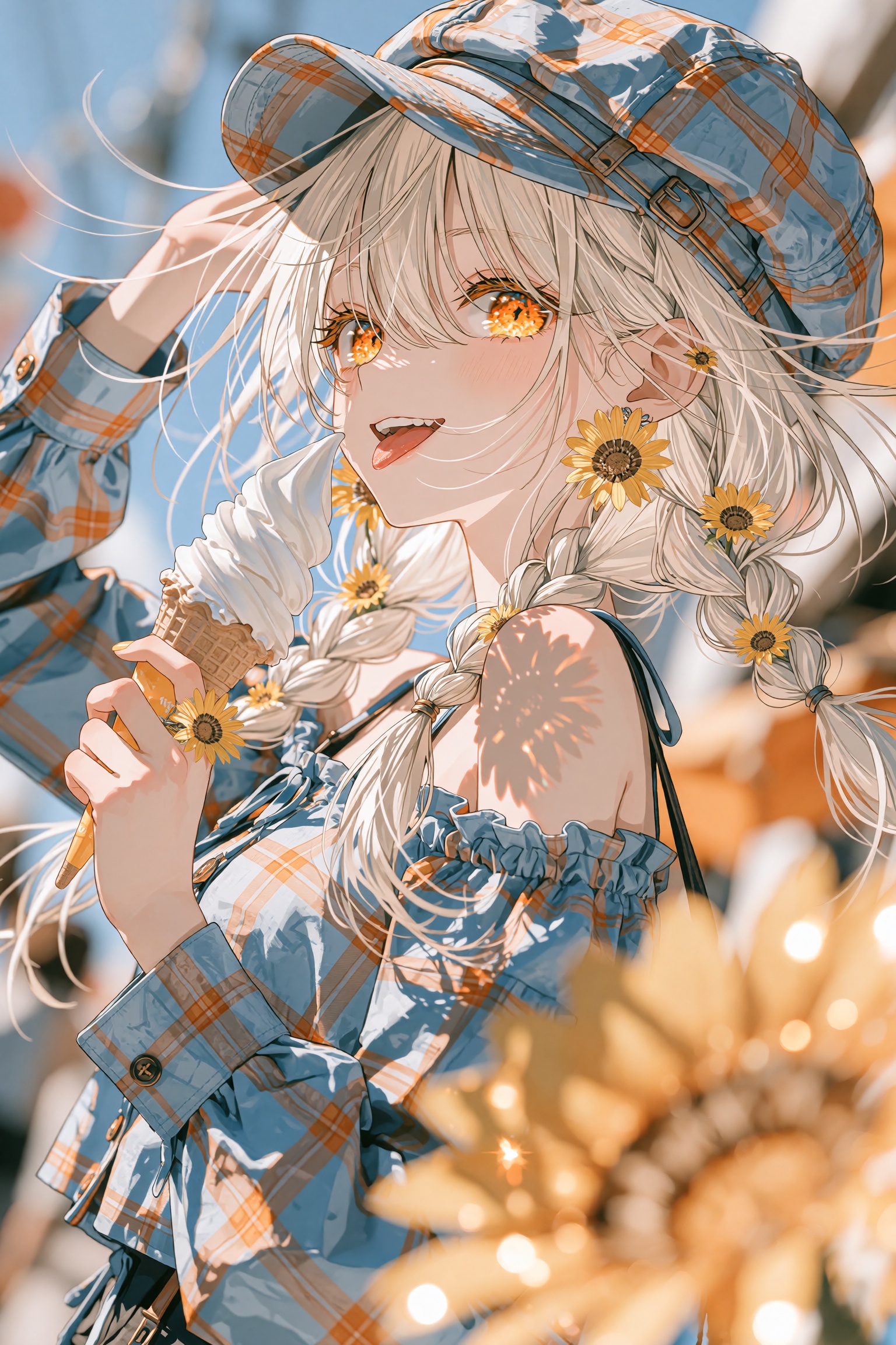 A cheerful anime-style girl with long,  flowing platinum blonde hair styled in loose braids adorned with tiny sunflowers,...