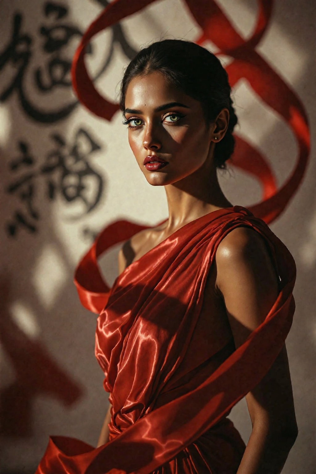 A fashion editorial portrait of an indian woman with a cold,  proud gaze and sharp refined features. Porcelain skin,  eleg...