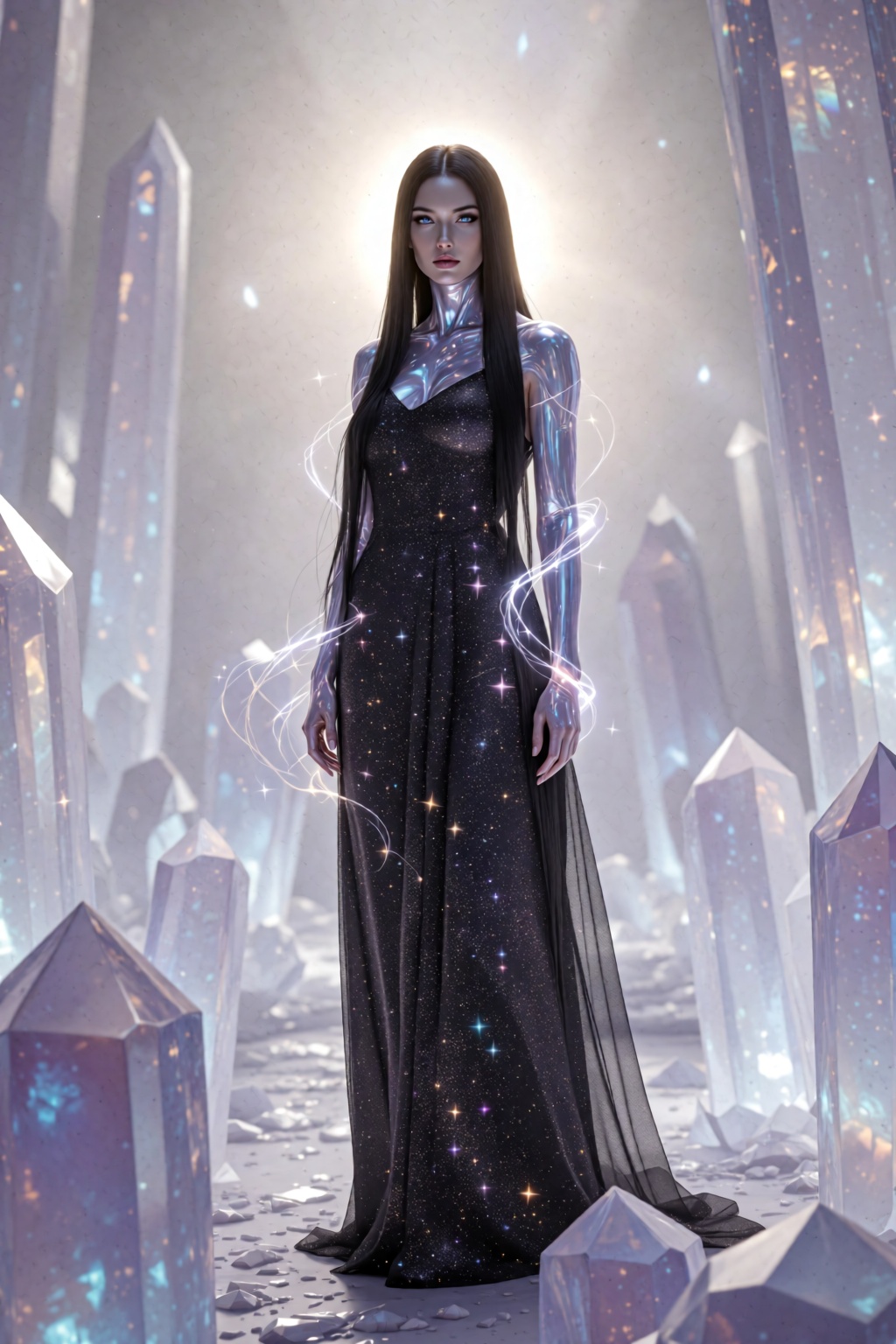 A full-body female figure with luminous iridescent crystalline skin shifting between silver,  violet,  and pale blue. Stra...