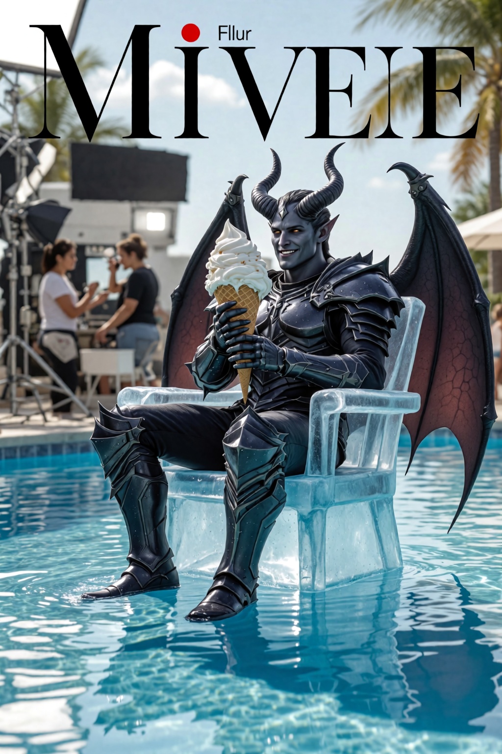 A highly realistic magazine cover photograph of a majestic demon lord sitting on a giant translucent ice chair inside a sp...