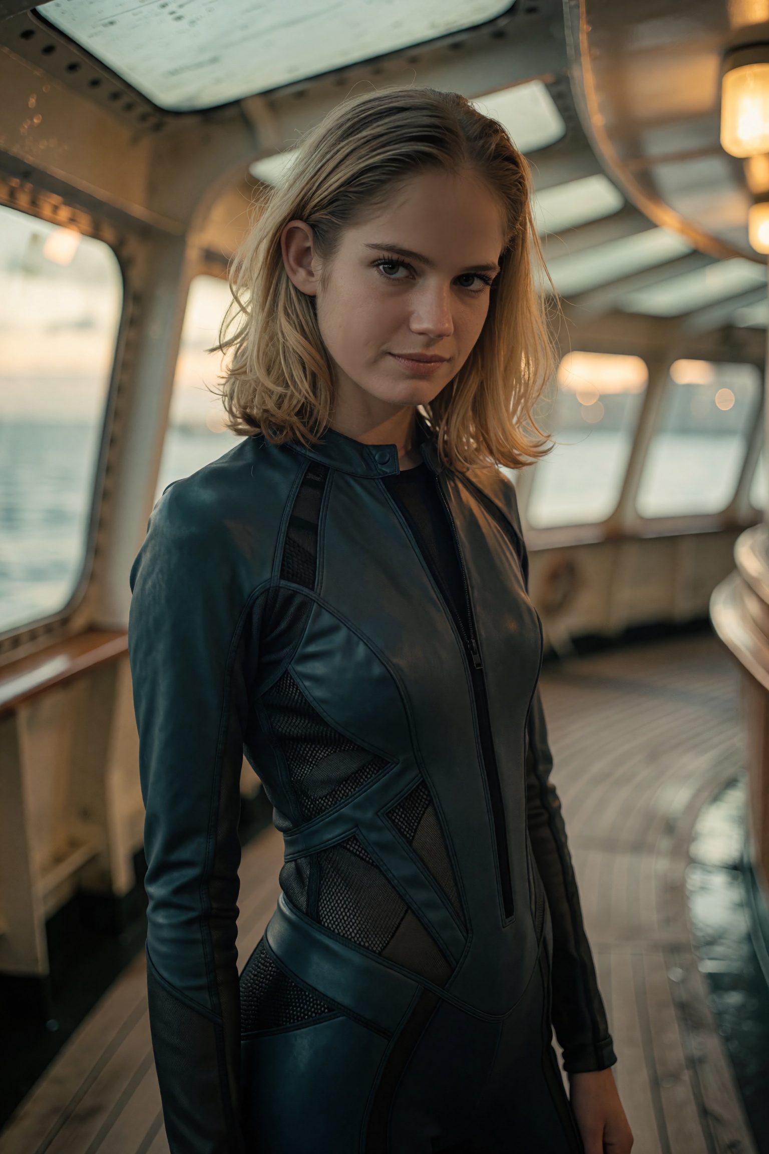A cinematic mid-shot captures a slender,  fair-skinned blonde woman standing on the enclosed teak decking of a ship's ferr...