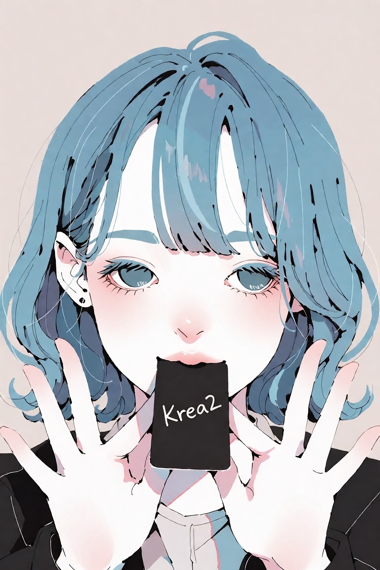 a portrait of ncg. A digital anime-style drawing of a young woman with shoulder-length wavy azure hair and blant bangs,  l...