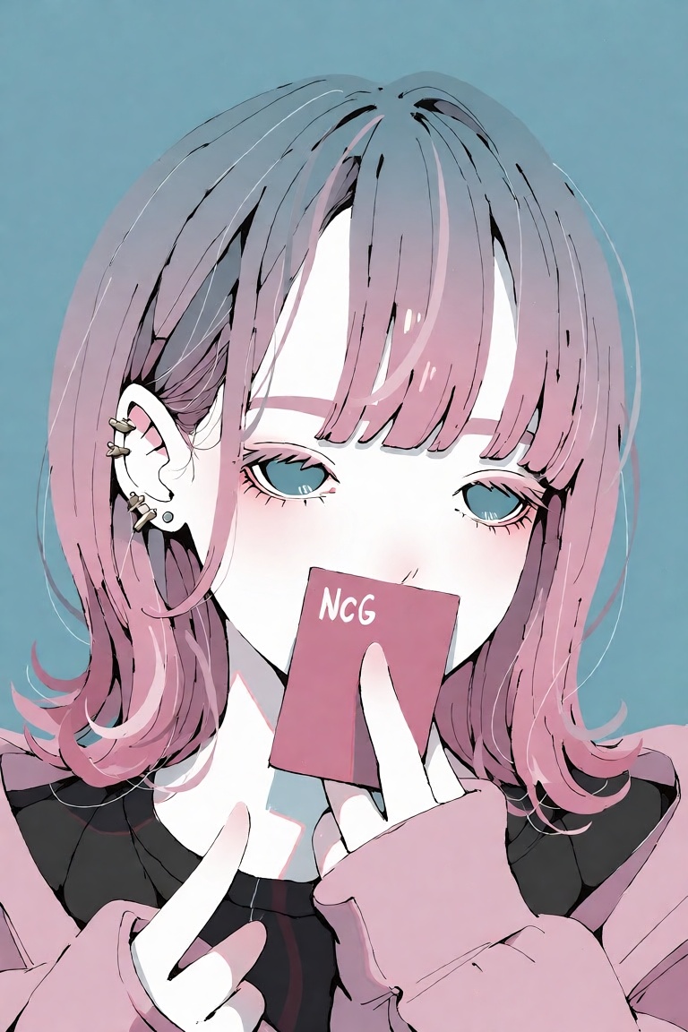 ncg 1girl solo looking at viewer bangs blue eyes simple background long sleeves holding jewelry upper body pink hair multi...