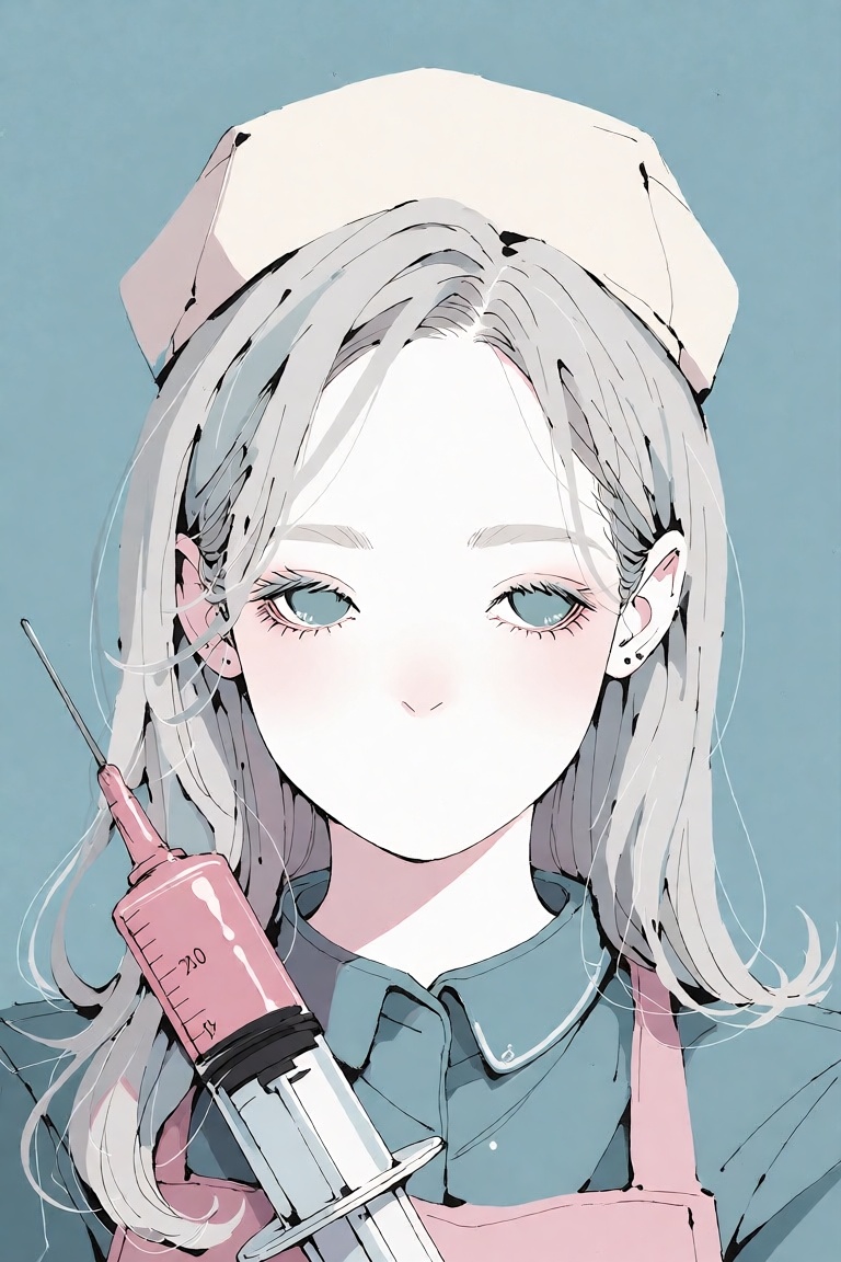 Digital drawing of a beautiful student nurse with long,  silver hair and large,  expressive eyes. She wears a cream-colore...