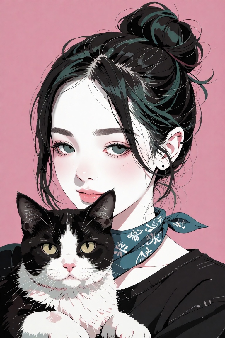 ((best quality)),  bold lineart portrait of a young beautiful artist holding a beautiful cat in her arm,  chignon on Tenso...