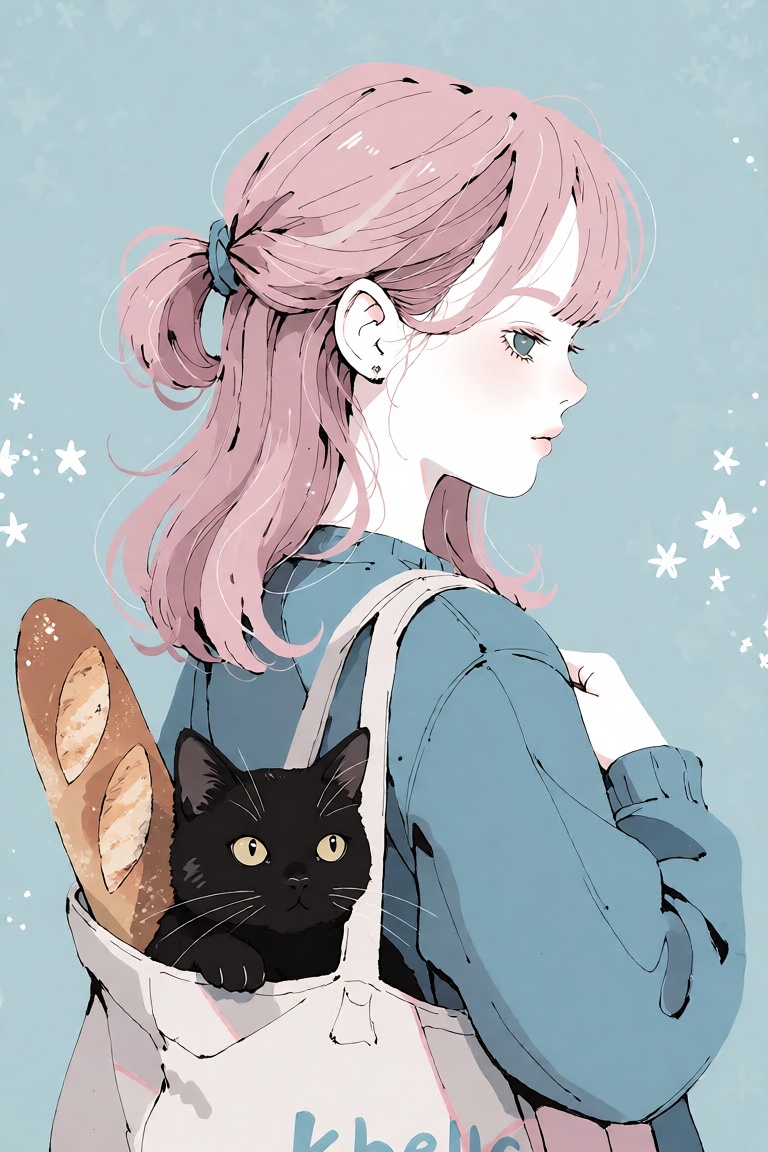 The image depicts a young girl with light pink hair styled in a half-up,  half-down fashion. She is wearing a blue sweater...