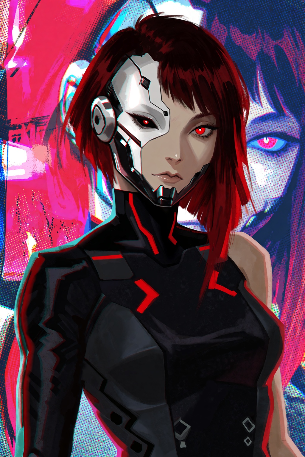 highres,  absurdres,  A stylized digital portrait depicts a cyborg woman with half of her face replaced by sleek on Tensor...