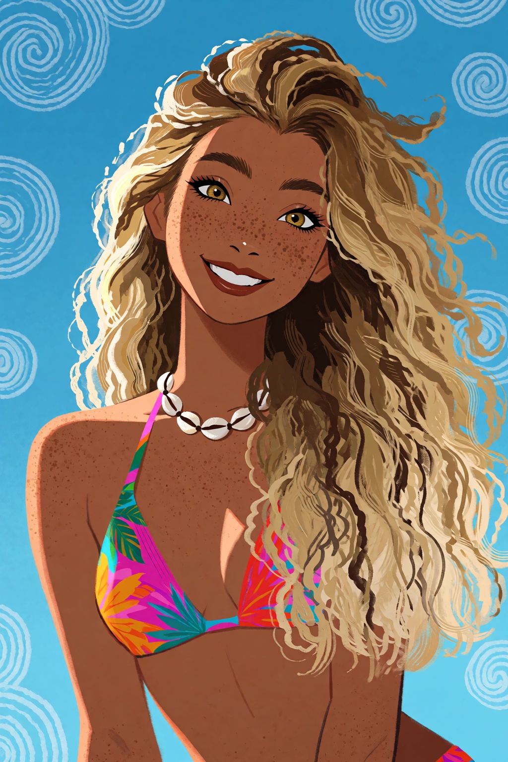 highres,  absurdres,  A stylized digital illustration features a sun-tanned young woman with long on Tensor.Art