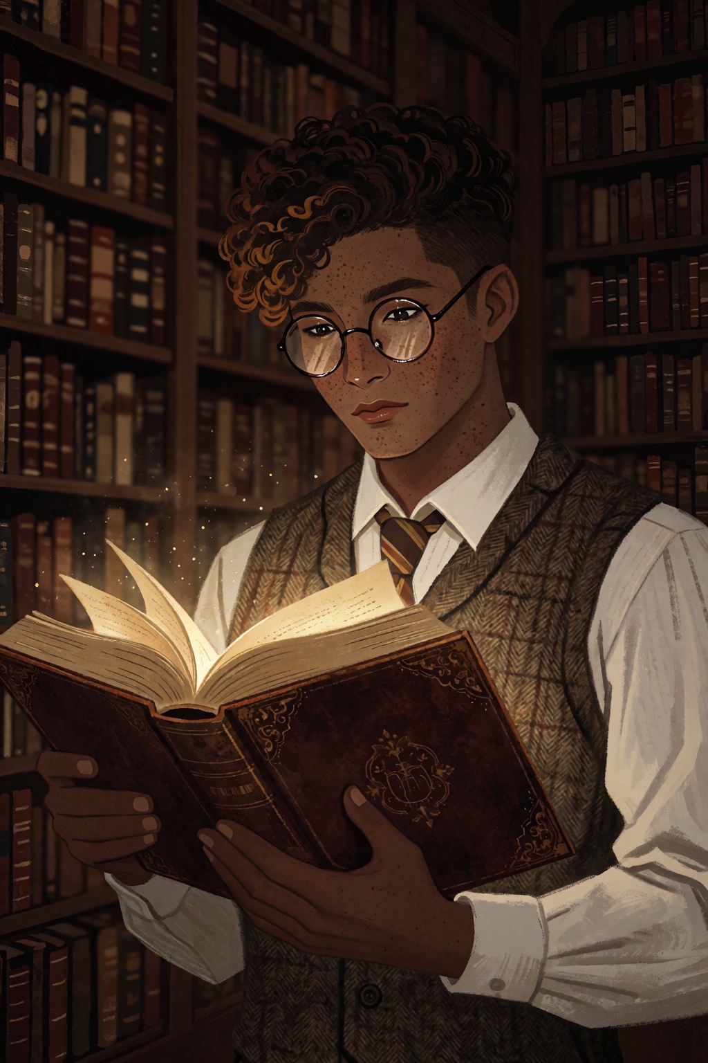 highres,  absurdres,  This digital painting depicts a thoughtful student immersed in a dark academia setting. The subject...