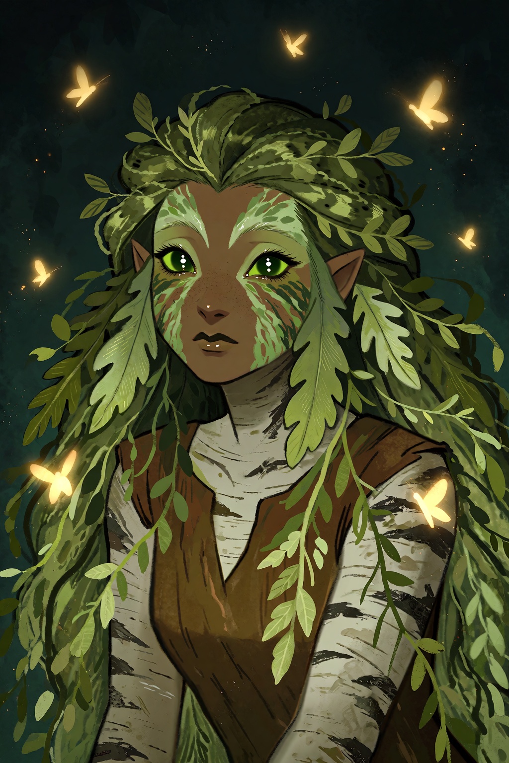 highres,  absurdres,  This stylized digital illustration features an ethereal forest spirit. The character has skin textur...