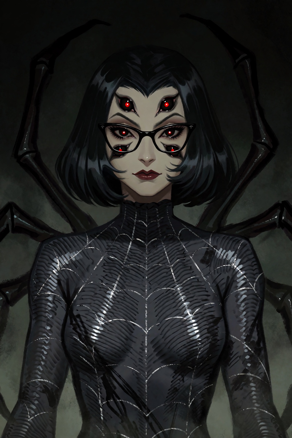 highres,  absurdres,  A digital painting portrays a terrifying yet elegant woman with a dark spider motif. She has a palli...