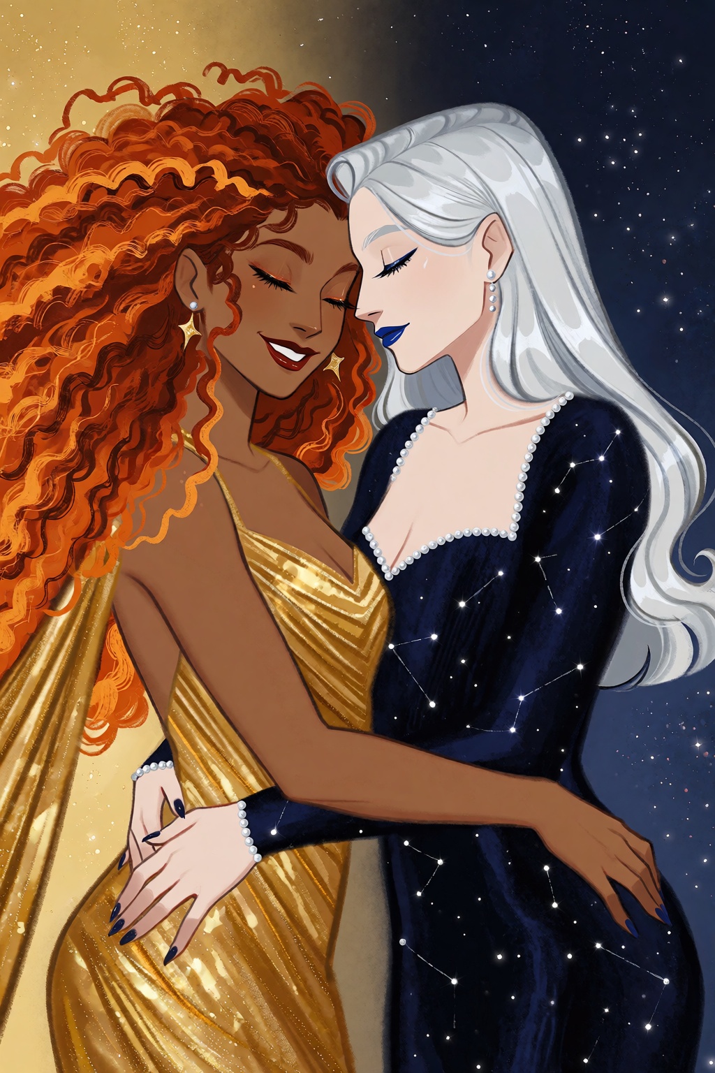 highres,  absurdres,  This digital illustration portrays two women embracing against a split-toned background of warm gold...