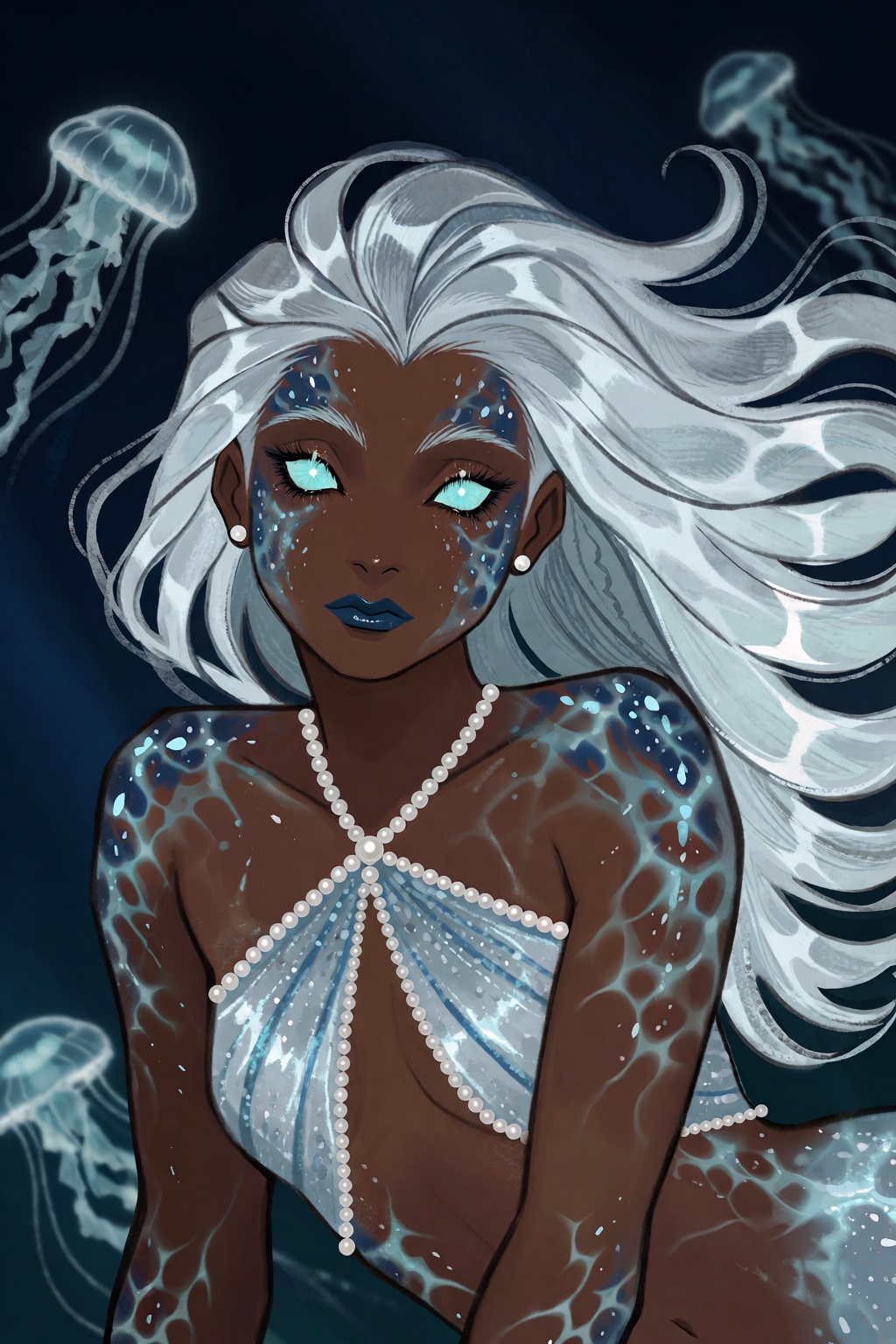 highres,  absurdres,  This digital illustration features a mermaid-inspired woman submerged in a dark on Tensor.Art
