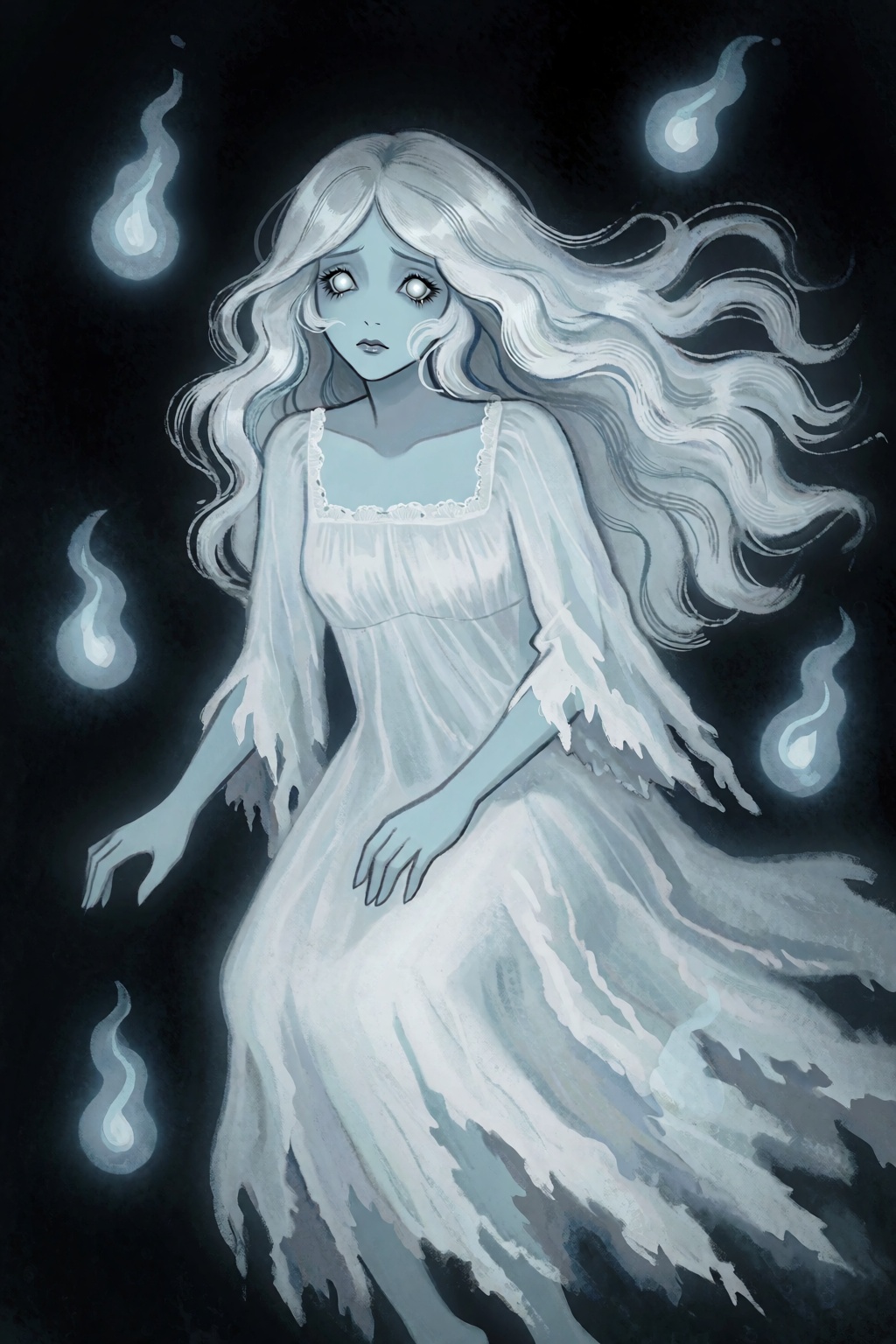 highres,  absurdres,  A stylized digital painting depicts a melancholic ghost woman floating against a pitch-black backgro...
