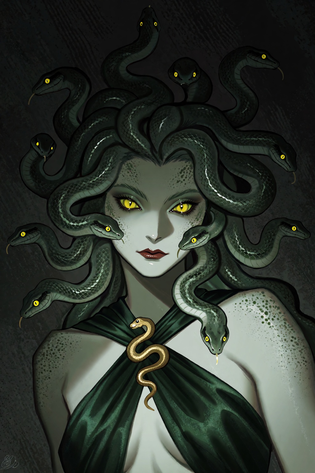 highres,  absurdres,  @gittanart This striking digital portrait features a modern interpretation of Medusa. She possesses...