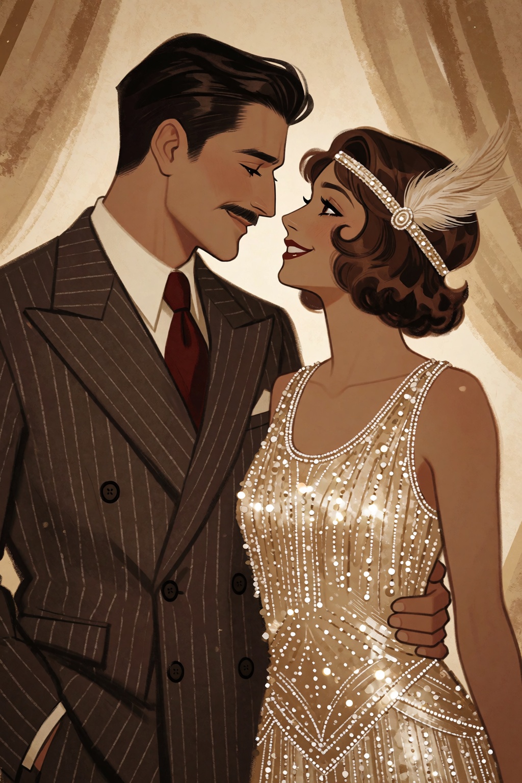 highres,  absurdres,  This digital painting features an intimate portrait of a romantic couple standing close together aga...