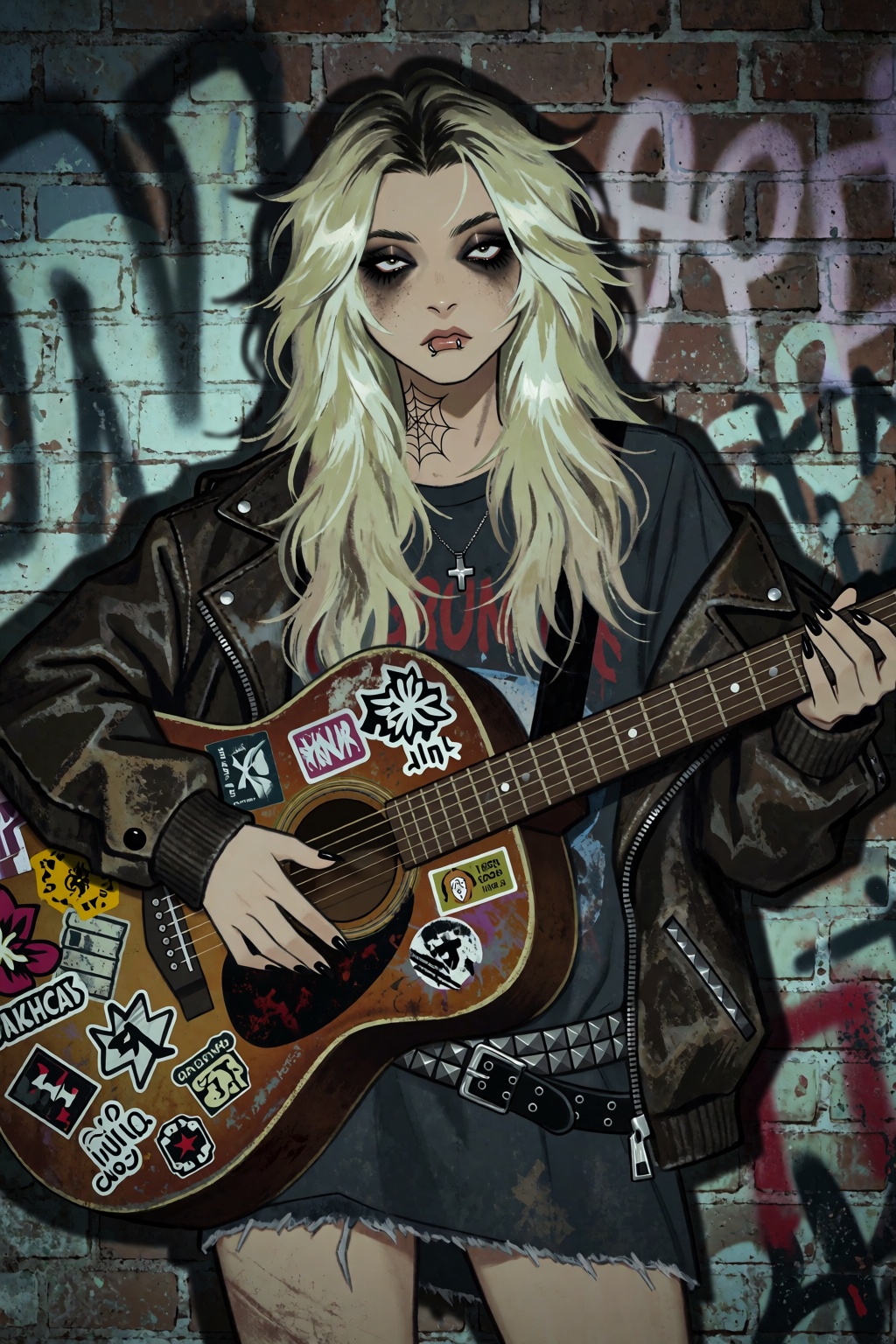 highres,  absurdres,  A stylized digital illustration captures a grunge-inspired young woman holding a heavily stickered a...