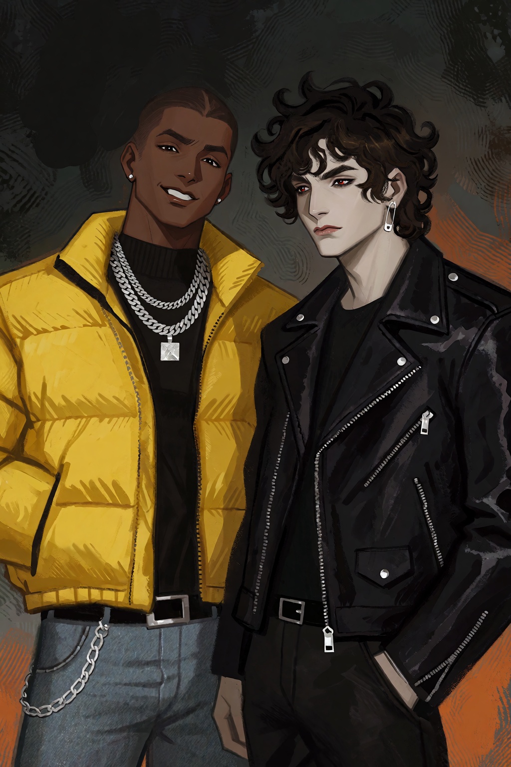 highres,  absurdres,  A stylized digital painting depicts two young men standing shoulder-to-shoulder in a dimly lit on Te...
