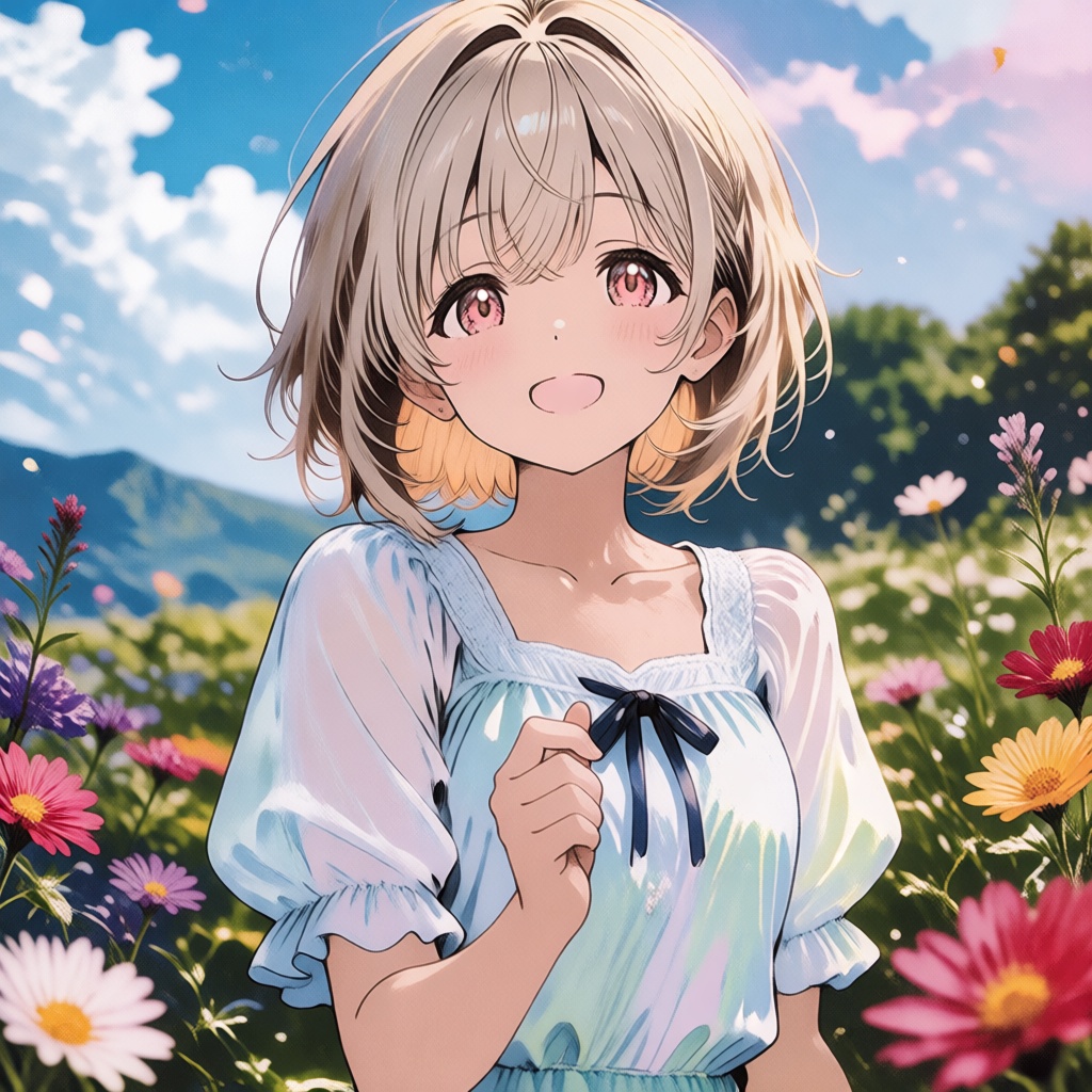 A cheerful anime girl smiles under the summer sky,  surrounded by colorful flowers. Soft natural light,  bright colors on...