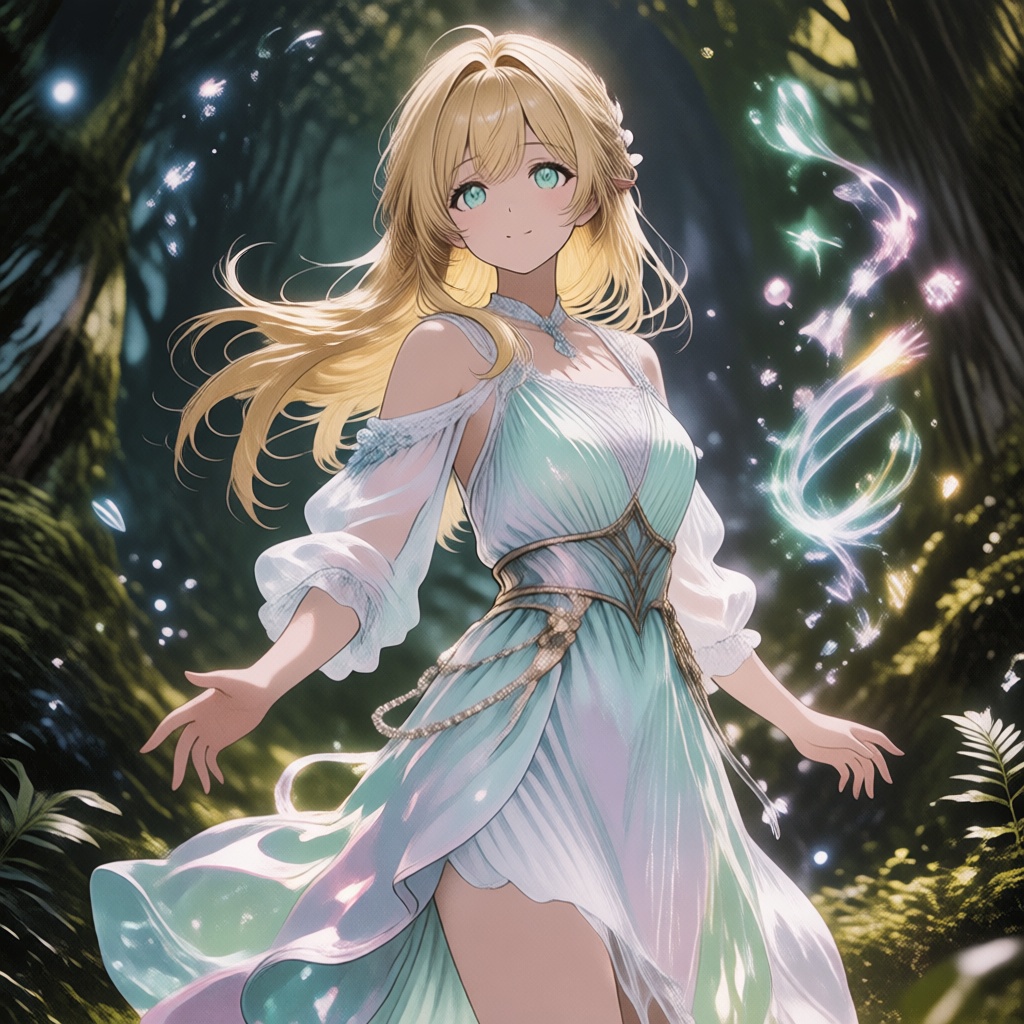 A fantasy heroine standing in an ancient forest. Magical light particles floating around,  cinematic lighting,  soft shado...