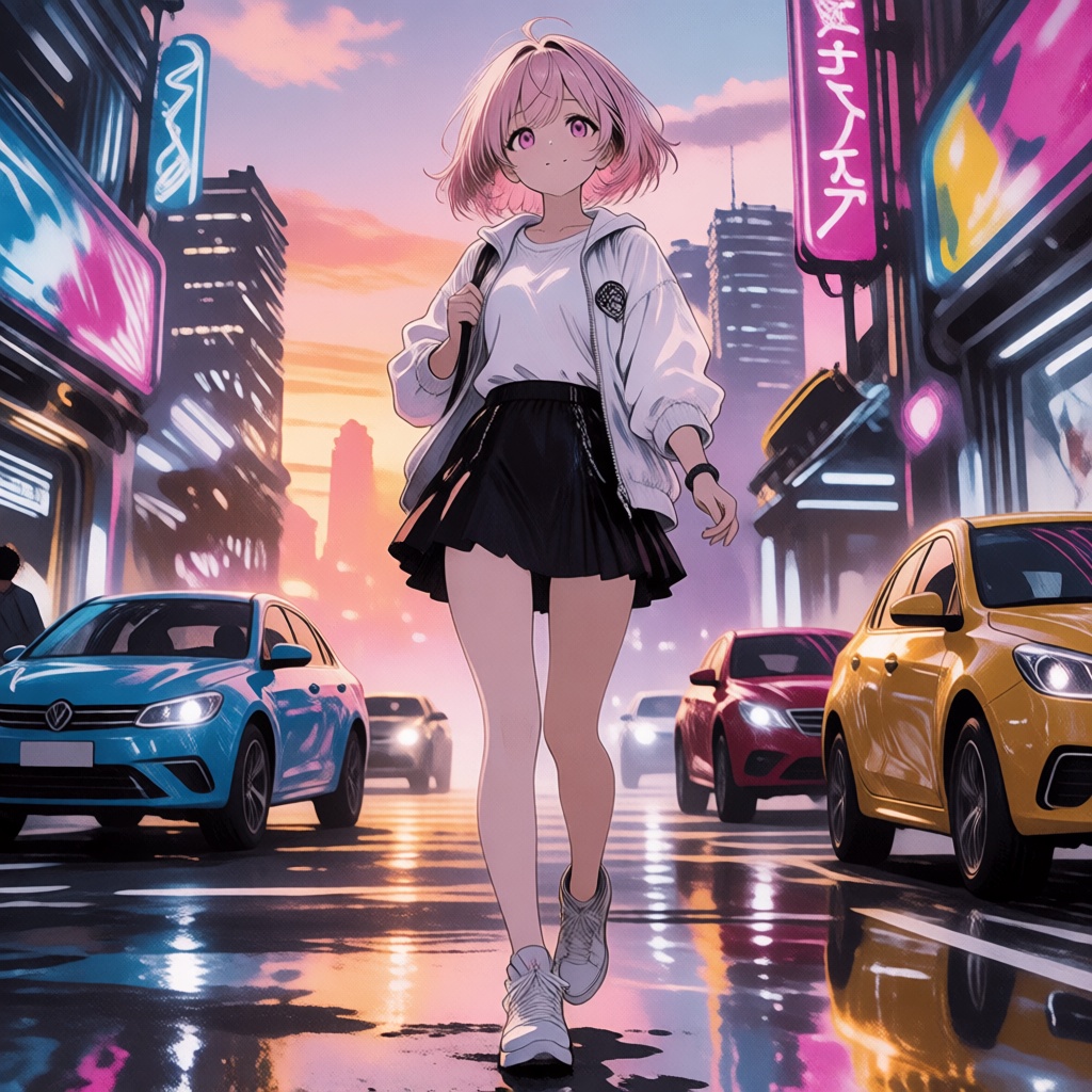 Beautiful anime girl walking in a futuristic city at sunset. Neon reflections,  cinematic compositions,  vibrant colors on...