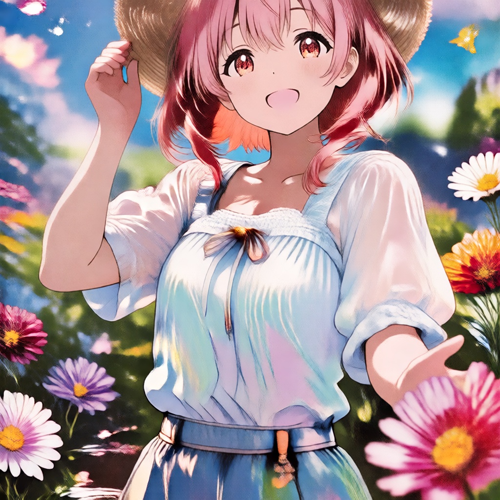 A cheerful anime girl smiles under the summer sky,  surrounded by colorful flowers. Soft natural light,  bright colors on...
