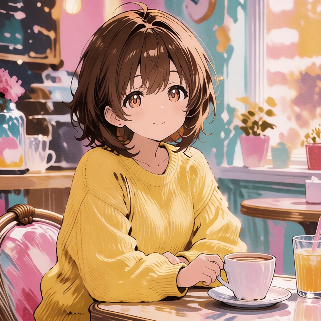 Cute anime girl relaxing in a cozy cafe in the afternoon. Warm sunlight shining through the windows,  colorful interiors,...