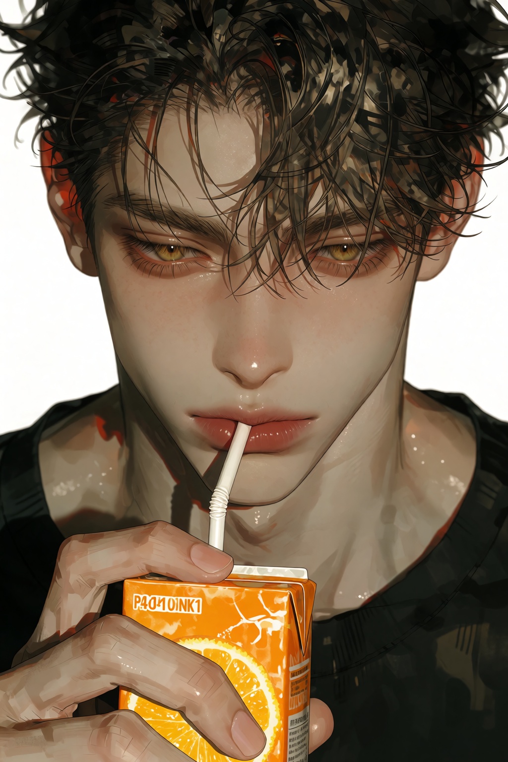 highres,  absurdres,  P41M0NK1 A young man with tousled dark hair and golden eyes sips from an orange juice carton through...