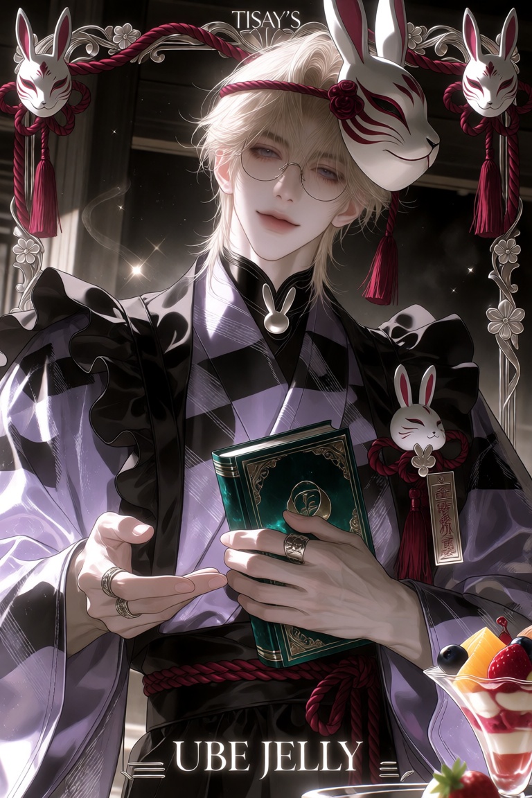 (very bottom tasteful position medium centered glowing bottom stylish text "UBE JELLY"),  (top title text,  cover on Tenso...