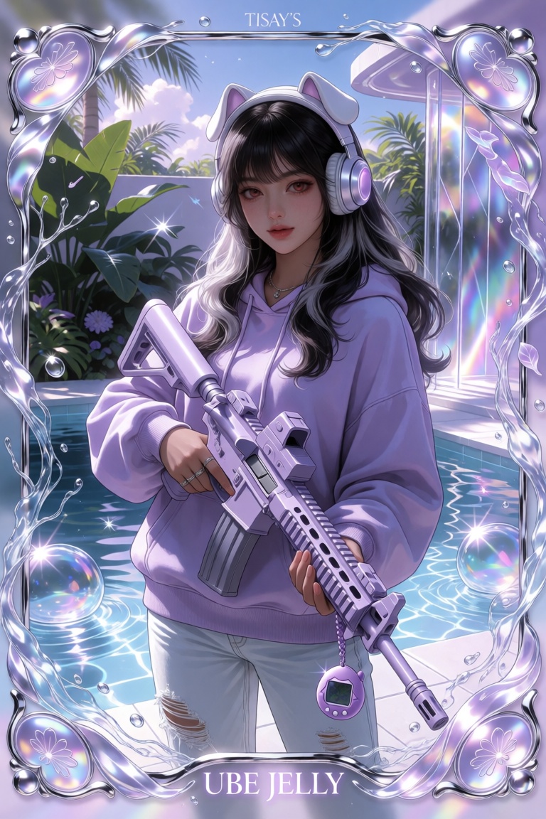 (very bottom tasteful position medium centered glowing bottom stylish text "UBE JELLY"),  (top title text,  top centered t...